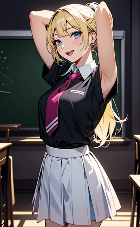 (realistic:1.4、masterpiece、top-quality、8k size wallpaper、offcial art)、(character focus、,cowboy shot:1.6)、(1girl),(seductive smile,Open mouth:1.3),(half closed eyes),cute face,blue eyes、(arms behind head,arms behind back:1.3)、
,(stand),(Shining smile),
,(slender),(school uniform),(ponytail、long fluorescence blonde hair1.3), (small breasts)、
、fluorescence、classroom,JK、