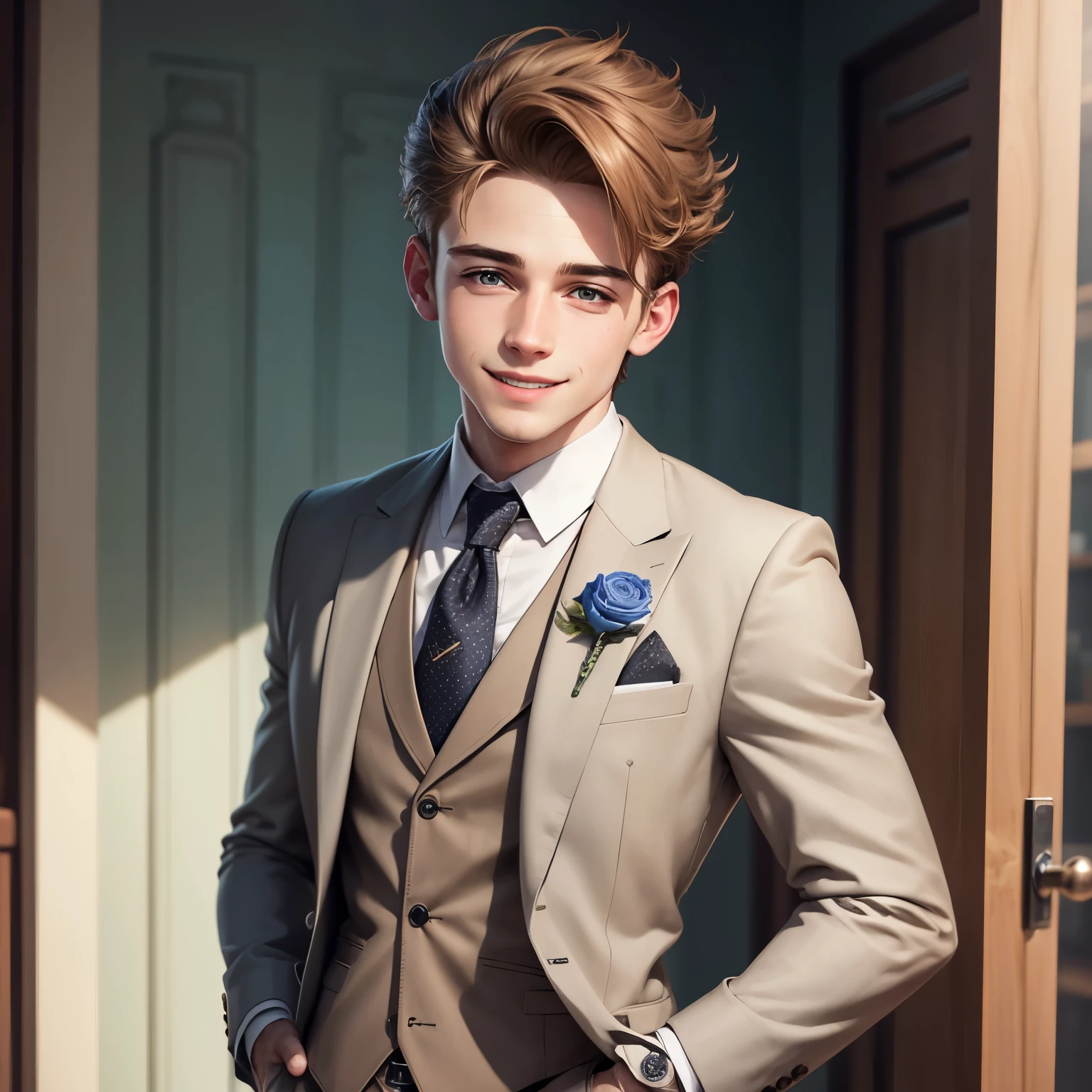typical english boy, cartoon-like, detailed, realistic, sympathic , 4k, smiling eyes, wearing suits