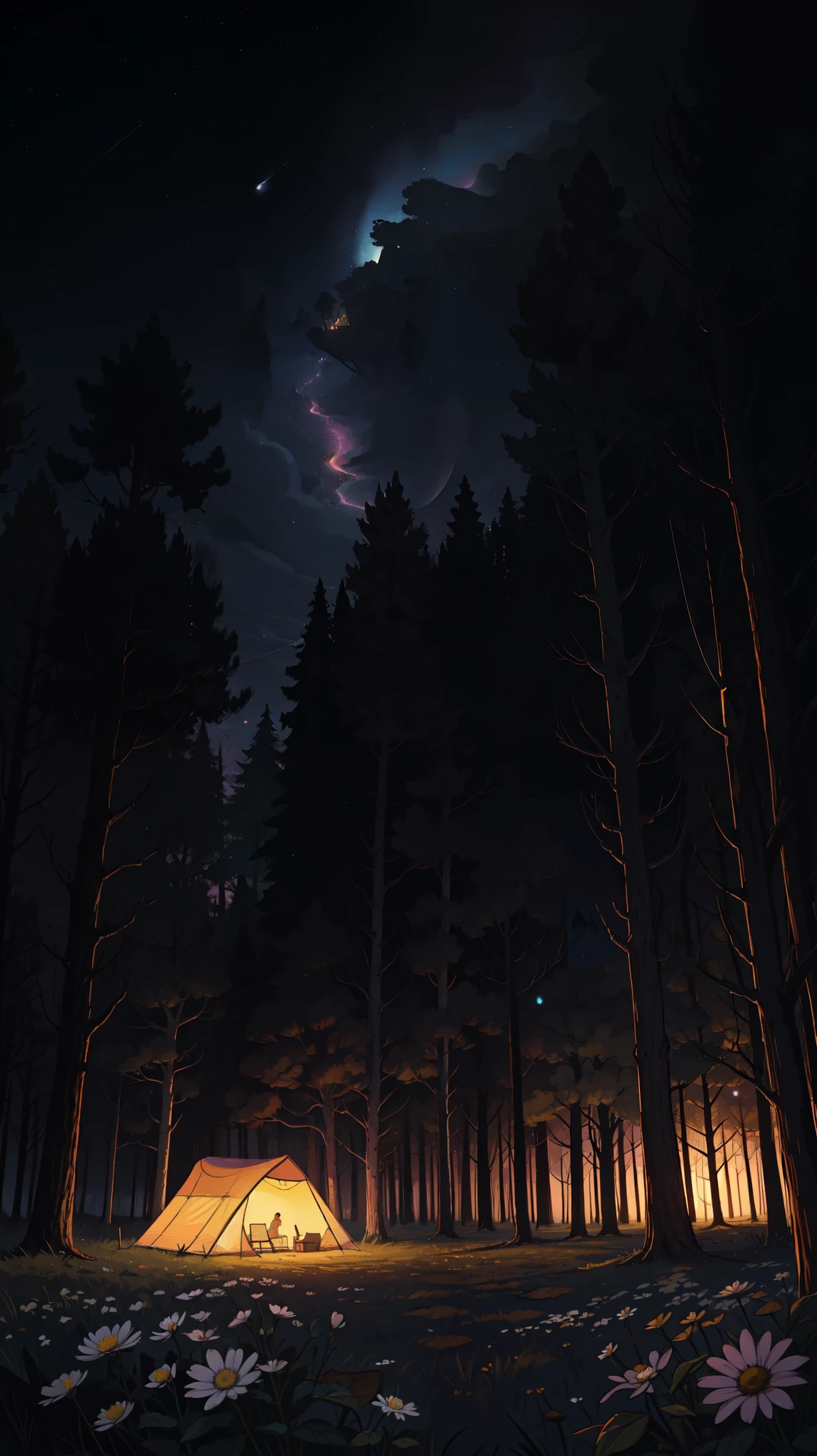 wide view, camp in forest, lake, orange string lights, reflection, gypsy aesthetics, starry purple pink sky, mystical tones, windy, long grass, daisy flowers, forest, cozy atmosphere, night time, micro landscape, intrinsic details