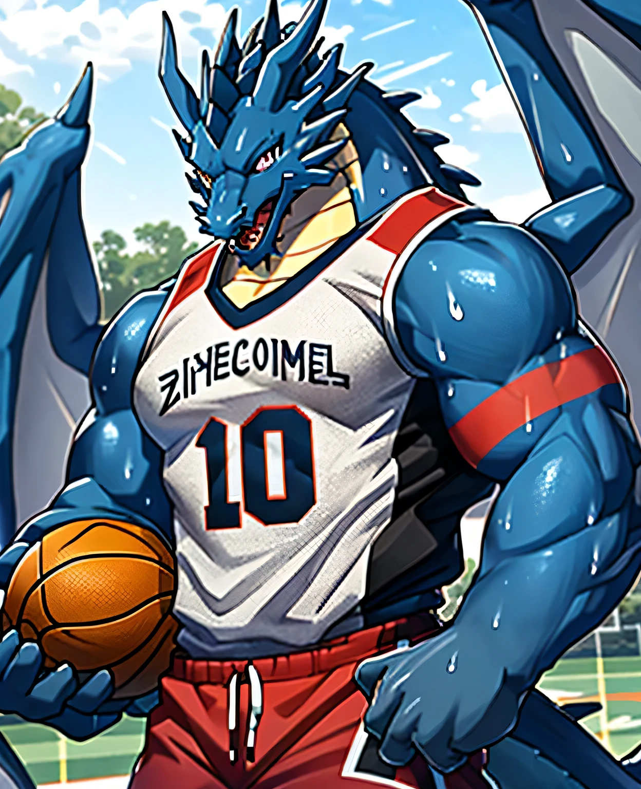 Publaz, (dragon), Two-color, dragon&#39;s eyes, (muscular body:1.3), perfect eyes, Handsome, OK,(white basketball jersey), (on the playground),(Express), sports field background,(close up),(happy eyes:1.2),look at screen,(dragon horn),(Dragon tail),different students,A perfect masterpiece,(16K),white belly,alone,((Strong)),(sports field background),(Sweat),Perfect proportion,front,blush,(Wave hello，Watching you:1.5),(Basketball in hand:1.3),(Open your mouth slightly and breathe.:1.2),(close range:1.2),(clothes soaked with Sweat:1,3),Strong,muscle,more details,CG,bi-winged，With wings，HD，detailed，clear