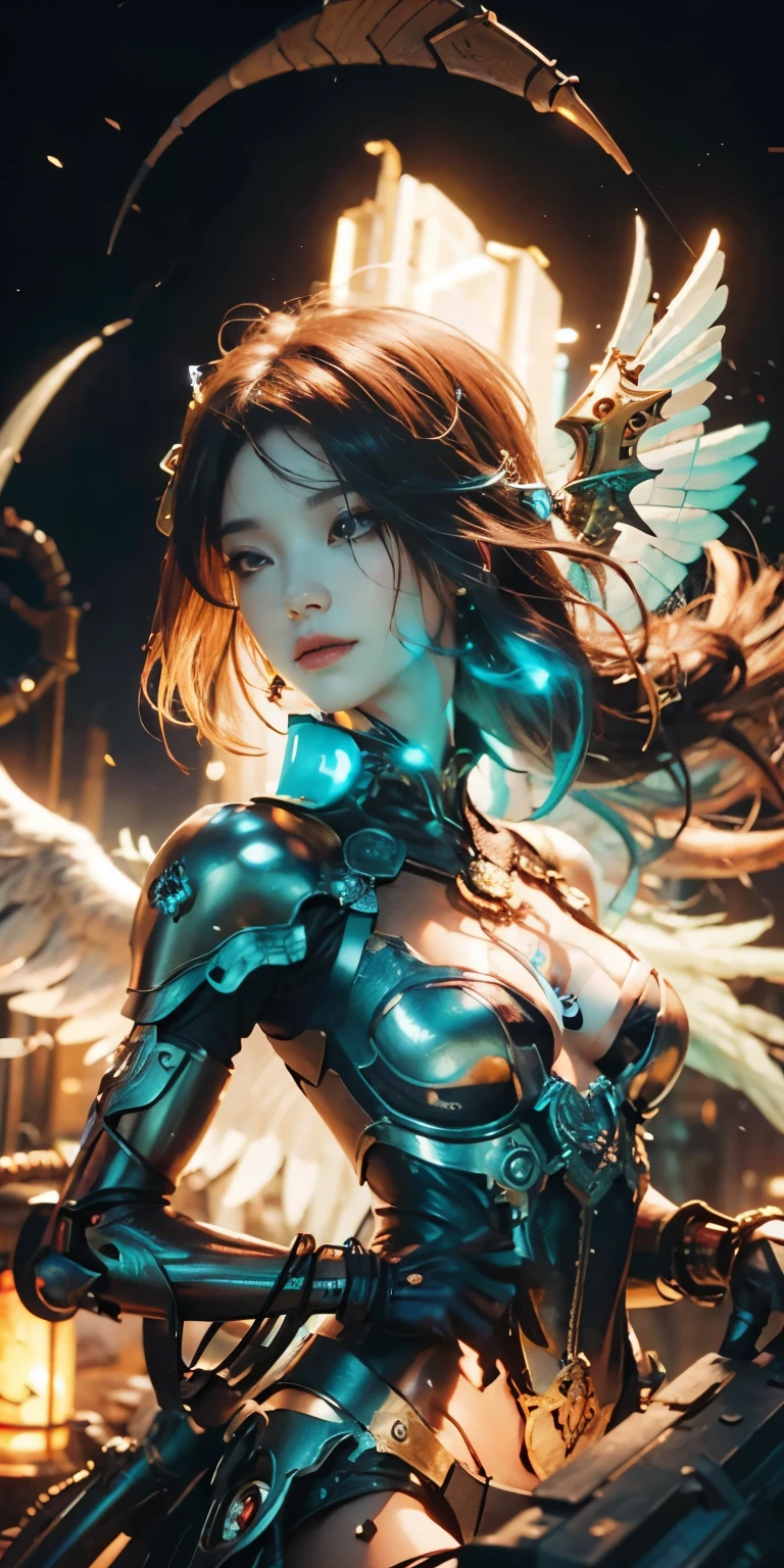 from top wide lens bokeh Beautiful short sexy hourglass figure sundanese german taiwanese mix woman 20yo blonde long angel hairwith big tits ((glasspunk)) glass translucent armor (tentacle as wings)) with super realistic and well detailed black hair shiny ( cyber punk action pose detailed face detailed armor features breath taking background
