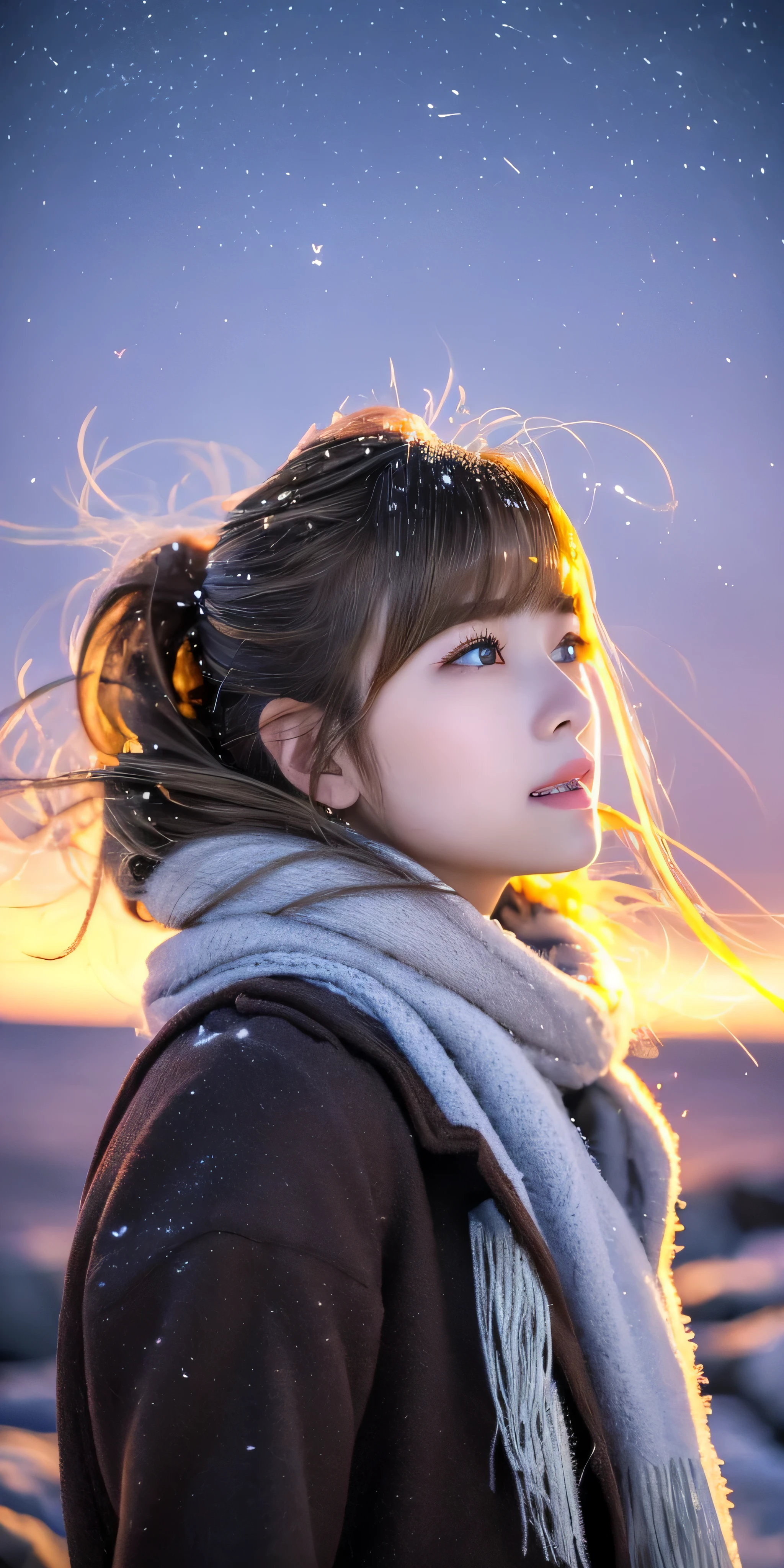 ((hair blowing in the wind、no makeup:1.2))、(realistic、Photoreal、Super detailed、best detailed skins、highest quality、masterpiece、超A high resolution)、cute russian woman、14 years、high school girl、young girl、1 girl、have bangs、ash blonde:1.7、double eyelid、drooling eyes、Japanese style face、purity、realistic skin type、thick muffler、Gray muffler、fluffy hair、((There'hair in scarf:1.3))、red cheeks、The wind is blowing、that'It's snowing、night、illumination、Lighting from behind、hair blowing in the wind、((Antarctica、A meteor shower、A world view of the aurora))