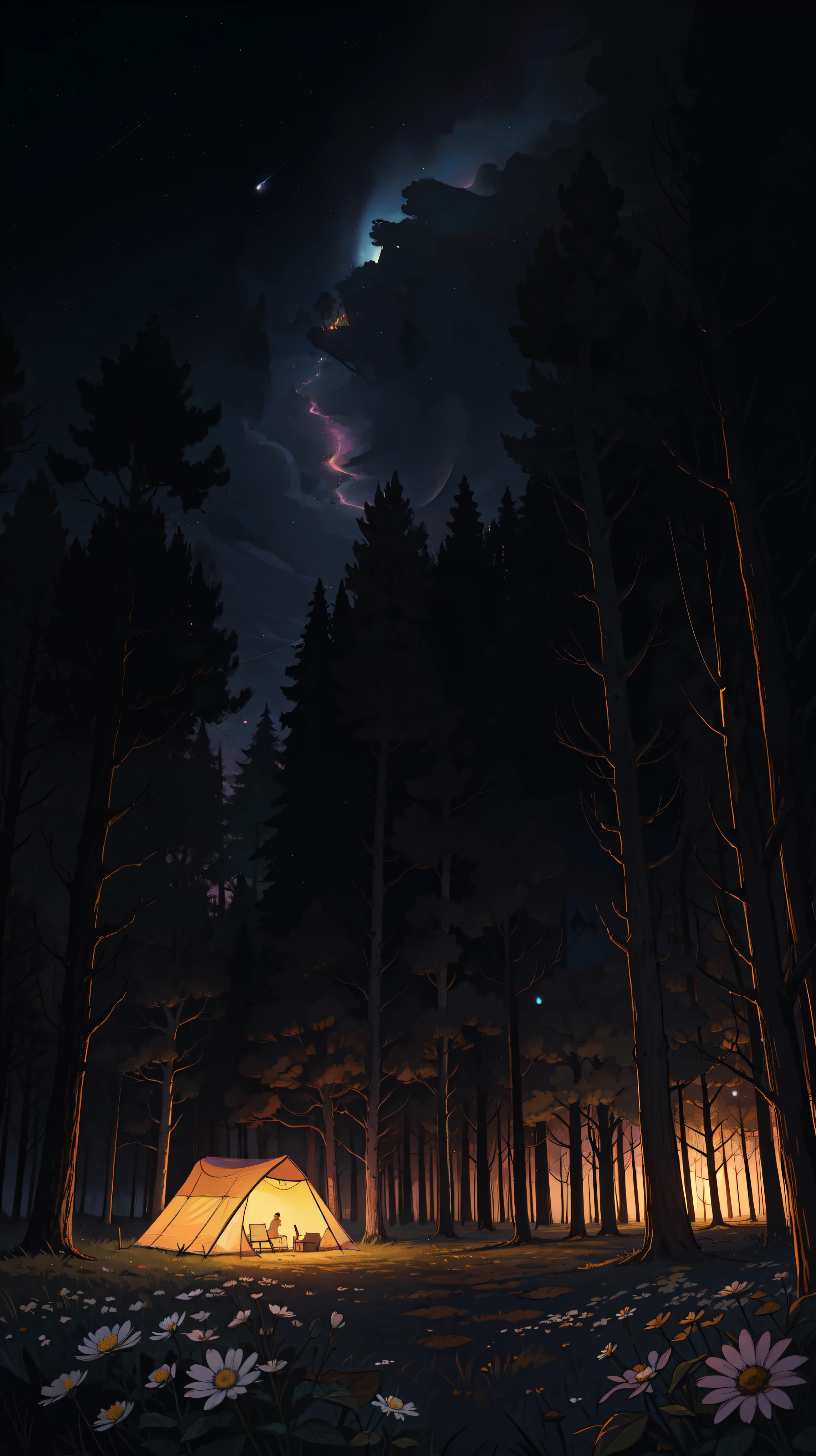 wide view, camp in forest, lake, orange string lights, reflection, gypsy aesthetics, starry purple pink sky, mystical tones, windy, long grass, daisy flowers, forest, cozy atmosphere, night time, micro landscape, intrinsic details