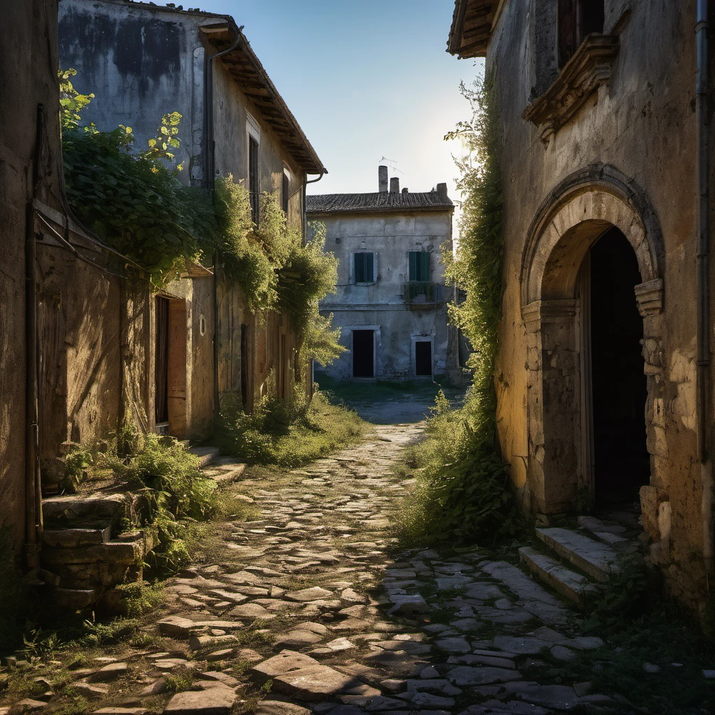 looking through  a very old abandoned italian  village,  paint chipping away, photography, extremely detailed photo, crepuscular lighting, fujifilm provia 400x, massurrealism, luminous shadows, renaissance-inspired chiaroscuro, HDRI