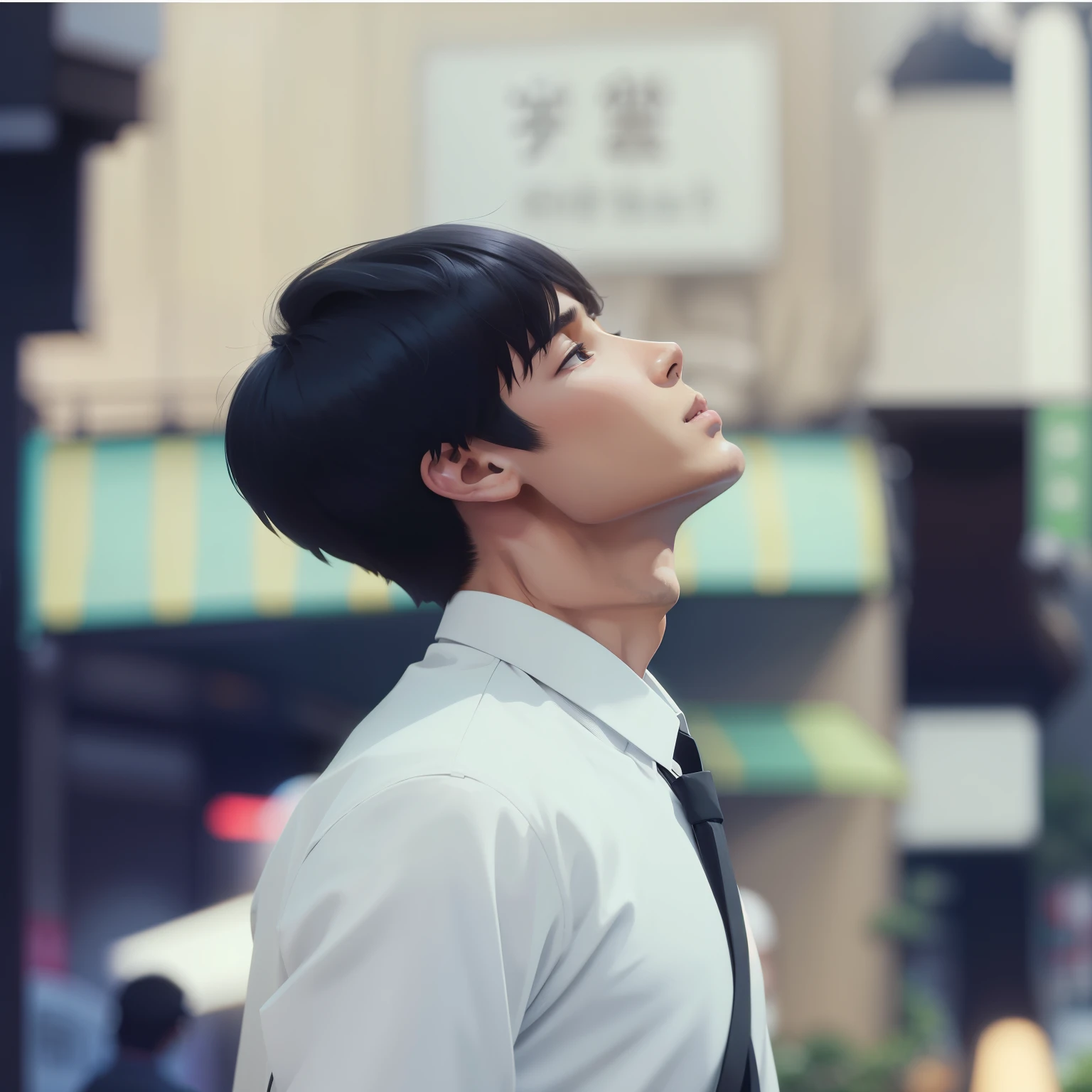 One wearing a white shirt,Black pantsuit,The boy carrying a black bag on one shoulder looked at a short black head、head looking up