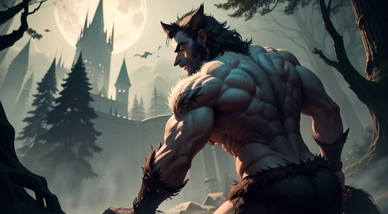 male creepy werewolf with massive butt, night, forest, fantasy, wide