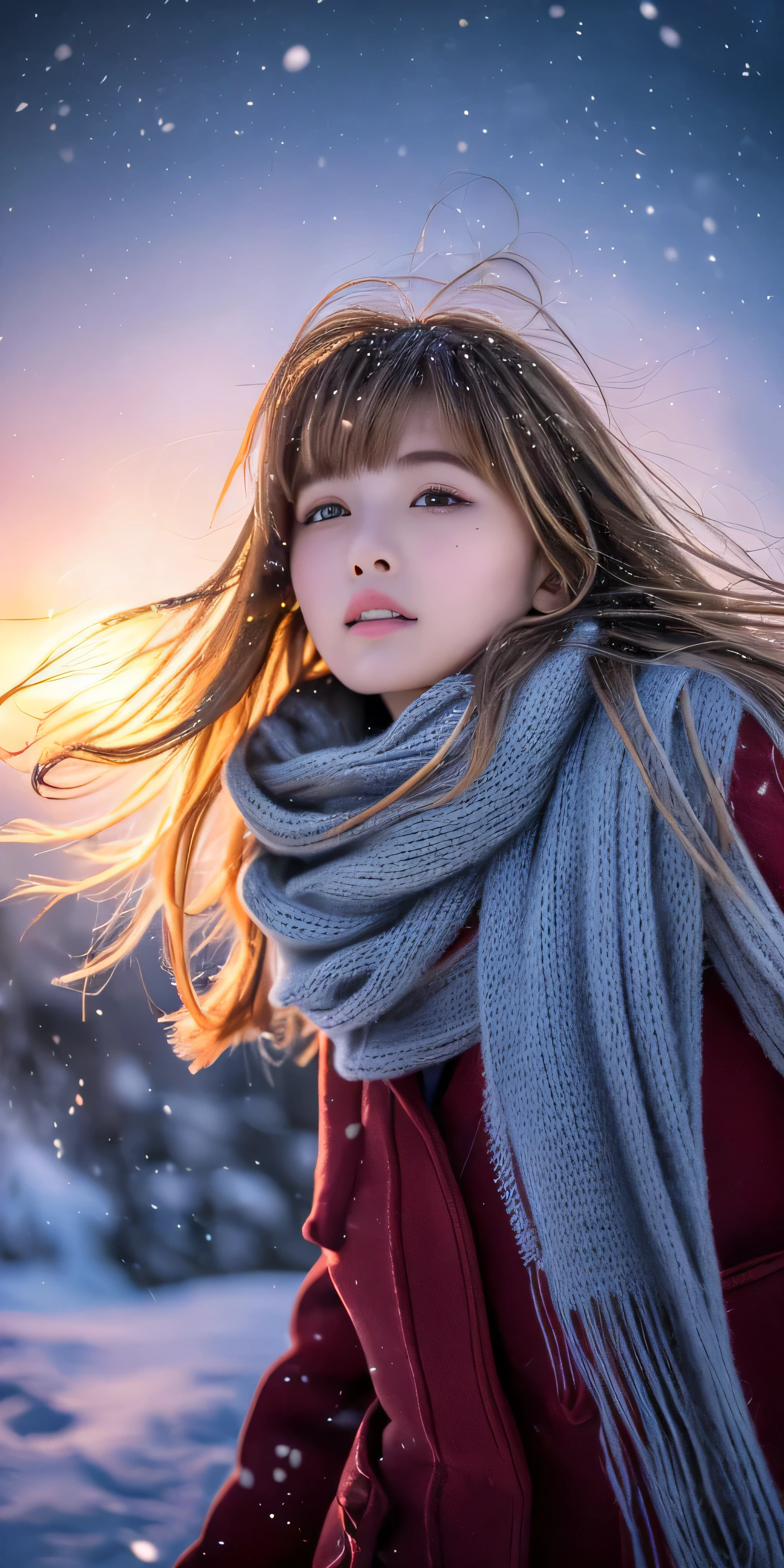 ((hair blowing in the wind、no makeup:1.2))、(realistic、Photoreal、Super detailed、best detailed skins、highest quality、masterpiece、超A high resolution)、cute russian woman、14 years、high school girl、young girl、1 girl、have bangs、ash blonde:1.7、double eyelid、drooling eyes、Japanese style face、purity、realistic skin type、thick muffler、Gray muffler、fluffy hair、((There'hair in scarf:1.3))、red cheeks、The wind is blowing、that'It's snowing、night、illumination、Lighting from behind、hair blowing in the wind、((Stargazing in Antarctica、A world view of the aurora))
