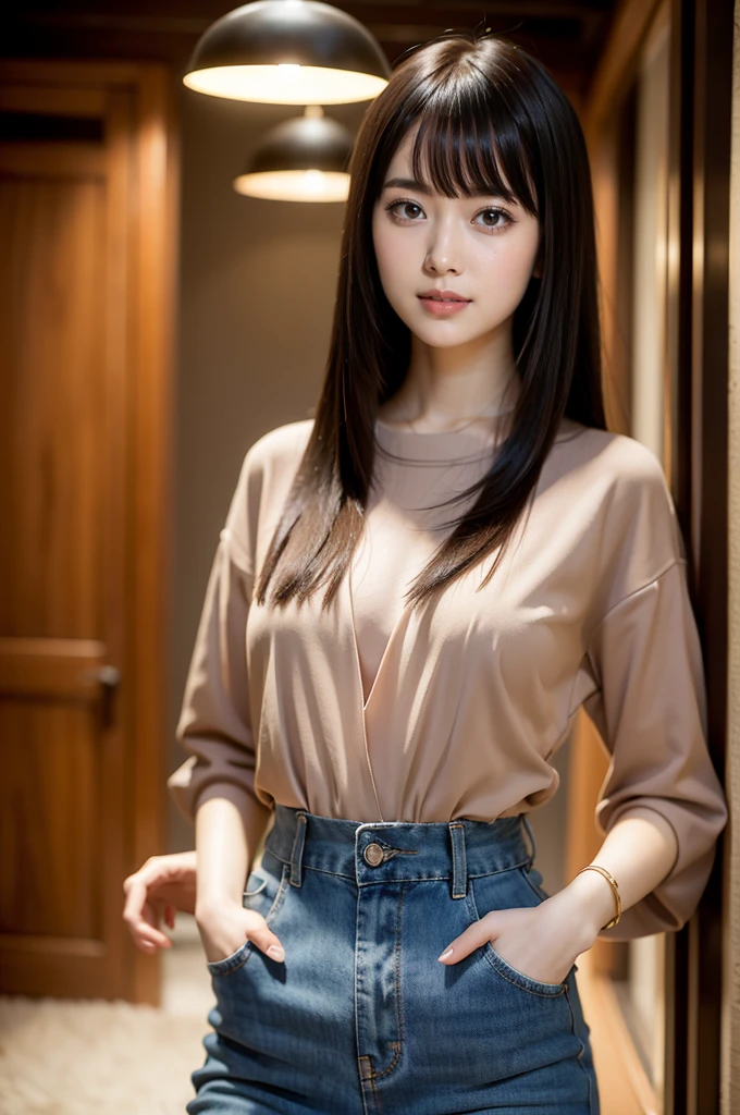 ((highest quality,8K,masterpiece:1.3)), Japanese, 26 year old female model,bangs、black haired、long hair、straight hair、Hair fluttering in the wind、((8K、RAW photo、excellent quality、masterpiece:1.2)、(realistic、Photorealistic:1.37)、1 girl、view audience、detailed beautiful face、laughter、(thin waist) :1.3)、shirt、beautifully detailed skin、skin texture,professional lighting、small breasts、Soft Eyes