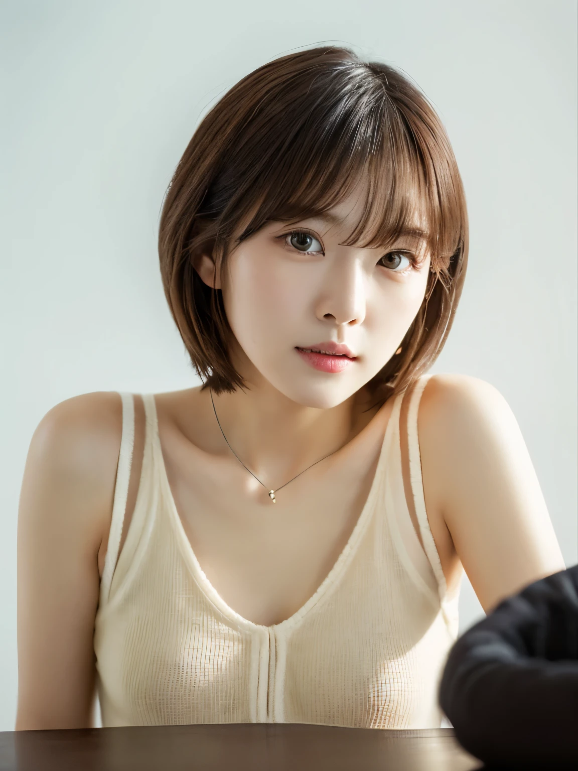 ((table top,highest quality)), (photo-realistic:1.4),((table top,8K))、white wall、(white room)、((full body photo))、Photographed in natural light、Highly detailed face and skin texture、highly detailed lips、correct state of the human body、ultra high resolution、(Photoreal:1.4)、highest quality, 1 beautiful woman, 38 years old, s, 150mm lens、light yellow knit、(dark brown medium short hair)、japanese woman、(dark brown hair)、Various poses、look at the camera、natural color lip、In underwear、 necklace、indoor