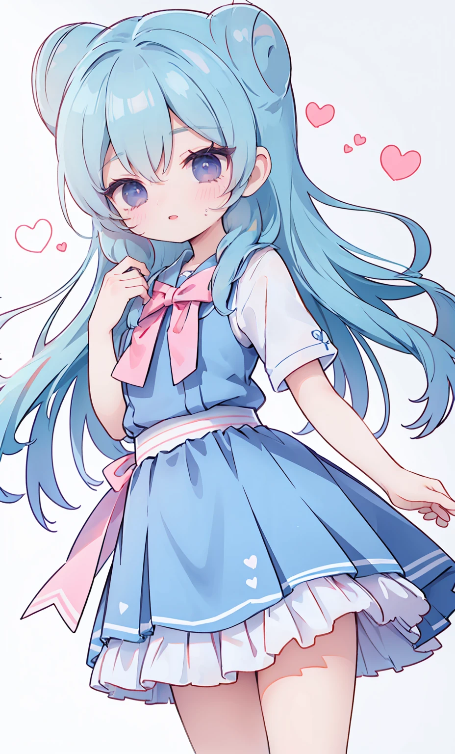 masterpiece, best quality, high resolution, aabeta, double, white simple background, standing, slim waist, cute, sailor uniform, pink bow tie, blue skirt, (PastelColors: 1.3)