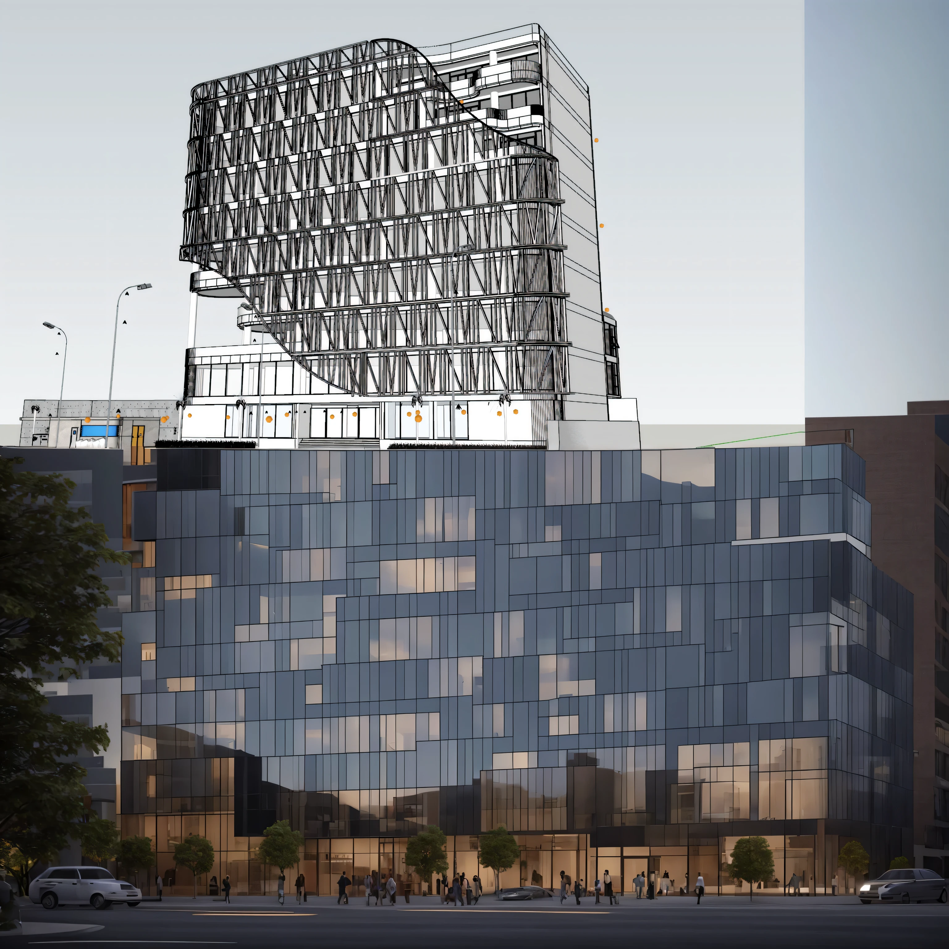 un rendu d'a building with lots of windows and lots of windows, middle view, vue de face, side view. Very detailed, rendu d'architecture, low angle dimetric rendering, QG Very detailed, rendu architecturaling, side view, rendu architectural, side view, detailed rendering, rendu QG net, rendu d'architecture ”, detailed rendering, multi-story building, Art Deco, 8k, HD