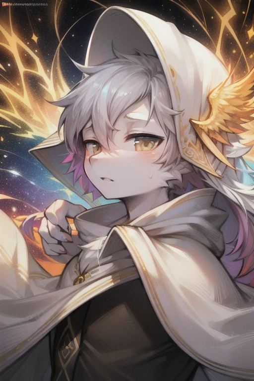 (masterpiece, top quality, best quality, official art, Beautiful and beautiful:1.2), (1 boy), extremely detailed eyes, (fractal art:1.3), rich and colorful, most detailed, (perfect face), shiny skin, high dynamic range, (white cloak golden lines:1.2), galaxy, (light streaks), Eye-catching visuals, (dynamic stripes, Luminous trails:1.2), bright colors, (Phoenix), (dragon)