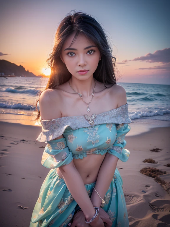 (best quality:1.1) ,(photorealistic:1.1), (photography:1.1), (highly detailed:1.1), looking at viewer,armlet, Jade bracelet, eyelashes, happy, small breasts,beautiful detailed girl, (extremely detailed eyes and face), (lighting on face),necklace,Colorful clothes, [chinese clothes],[off shoulder], (solo:1.2), sandbeach,sand,Standing by the seaside, summer, (beautiful detailed sky),seethru,