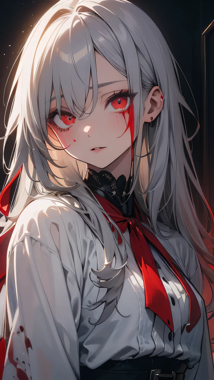 A once-in-a-millennium masterpiece, A photo that can never be taken again, Absurd high resolution, (No expression), (Red tears flow from the eyes:1.2), vampire, woman, silver hair, red eyes, Eyes so wide they seem to draw you in, white clothes, Red dyed clothes,Red stains on face, hair, and clothes, Red from the mouth