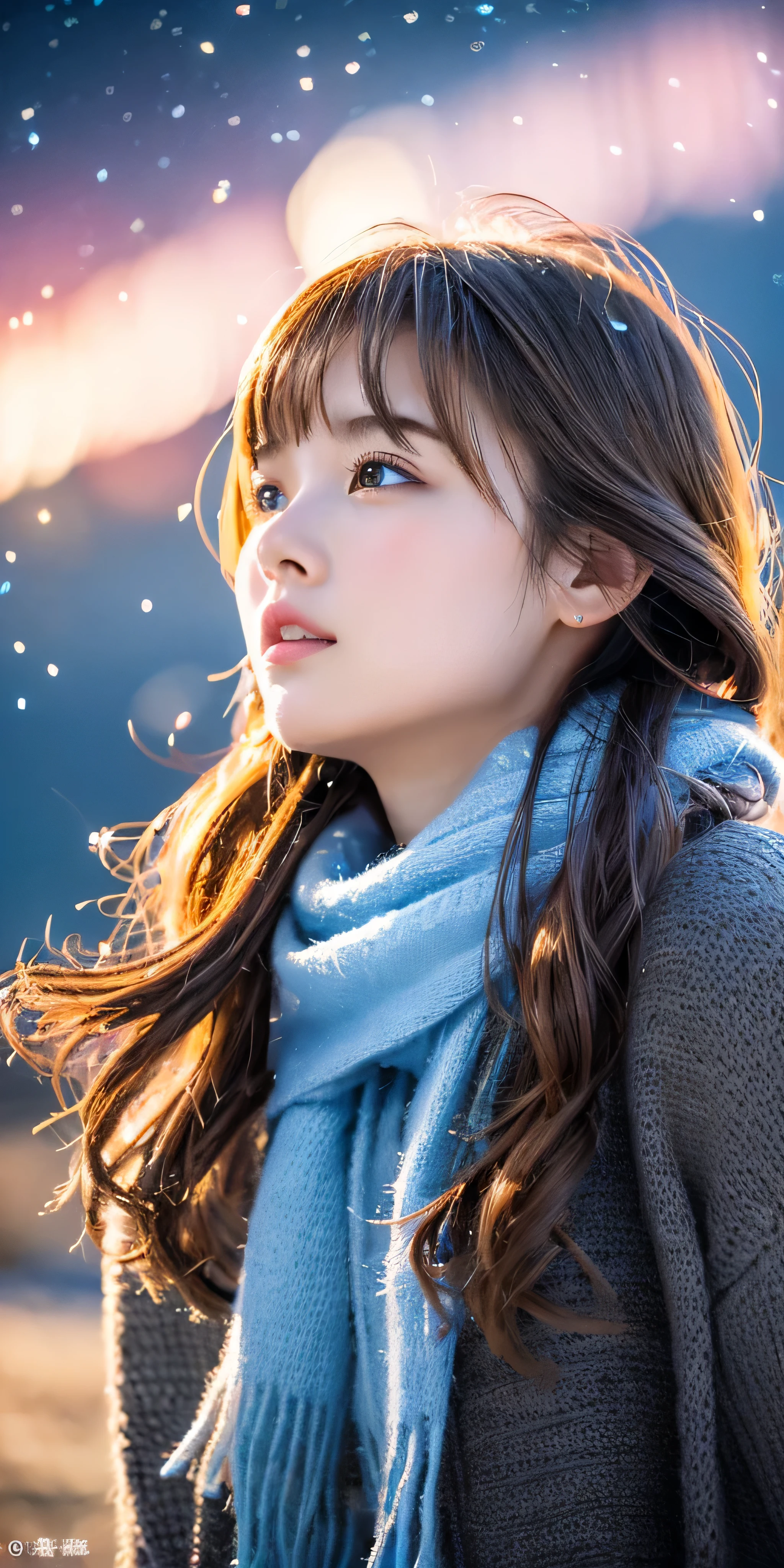 ((hair blowing in the wind、no makeup:1.2))、(realistic、Photoreal、Super detailed、best detailed skins、highest quality、masterpiece、超A high resolution)、cute russian woman、14 years、high school girl、young girl、1 girl、have bangs、ash blonde:1.7、double eyelid、drooling eyes、Japanese style face、purity、realistic skin type、thick muffler、Gray muffler、fluffy hair、((There'hair in scarf:1.3))、red cheeks、The wind is blowing、that'It's snowing、night、illumination、Lighting from behind、hair blowing in the wind、((Antarctica、A meteor shower、A world view of the aurora))