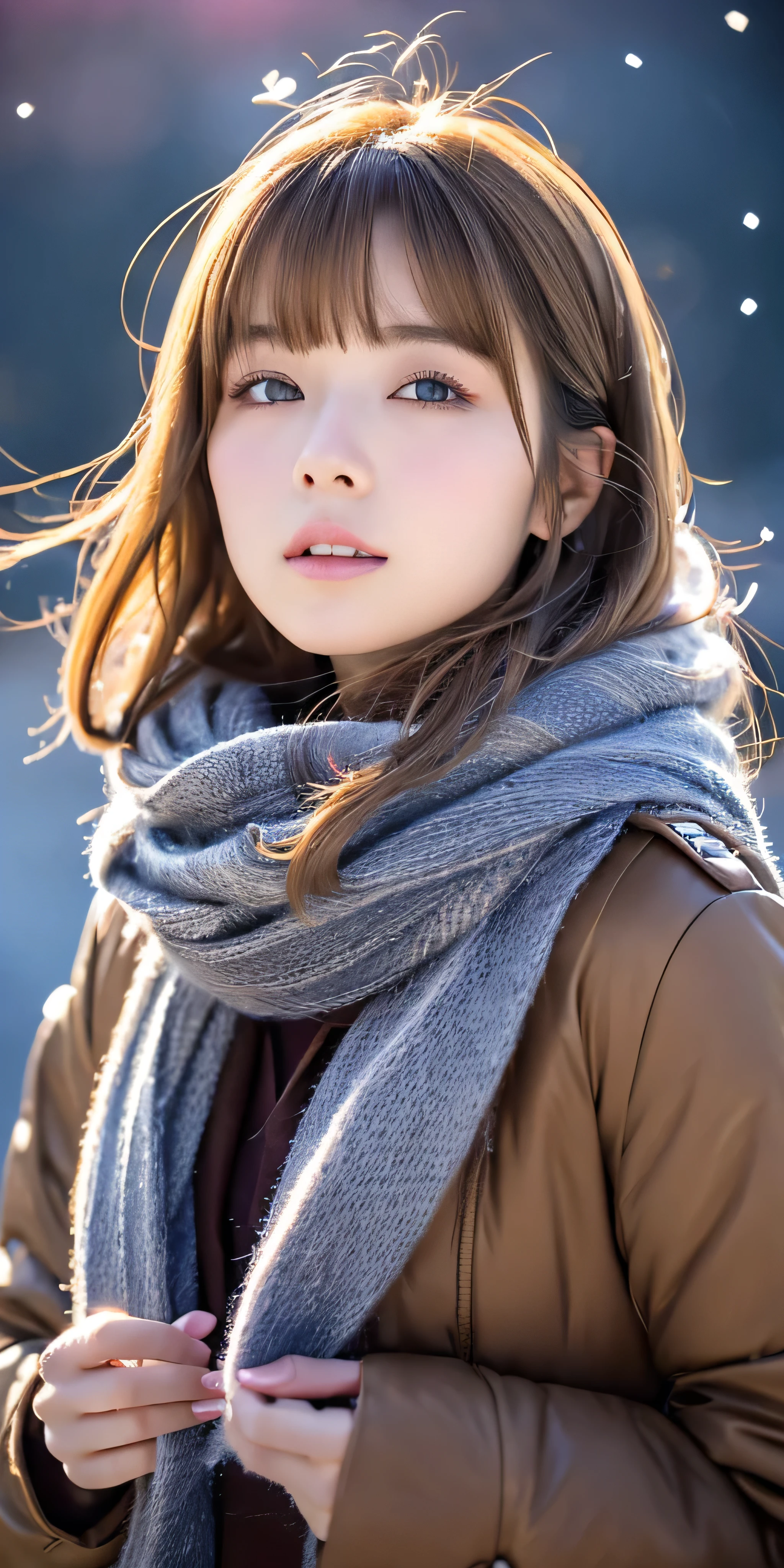 ((hair blowing in the wind、no makeup:1.2))、(realistic、Photoreal、Super detailed、best detailed skins、highest quality、masterpiece、超A high resolution)、cute russian woman、14 years、high school girl、young girl、1 girl、have bangs、ash blonde:1.7、double eyelid、drooling eyes、Japanese style face、purity、realistic skin type、thick muffler、Gray muffler、fluffy hair、((There'hair in scarf:1.3))、red cheeks、The wind is blowing、that'It's snowing、night、illumination、Lighting from behind、hair blowing in the wind、((Antarctica、A meteor shower、A world view of the aurora))