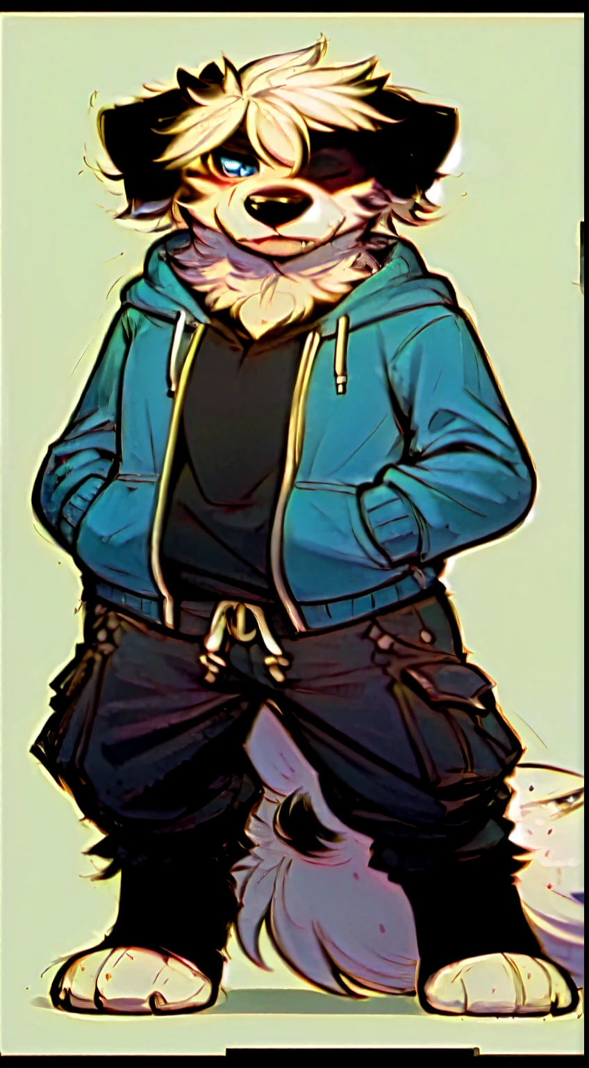 a close up of a cartoon dog wearing a jacket and a dog wearing a hoodie, anime style character, official character art, tall dog with blue eyes, full body character portrait, detailed character art, full body portrait of a short!, character full body portrait, detailed character art, fullbody portrait