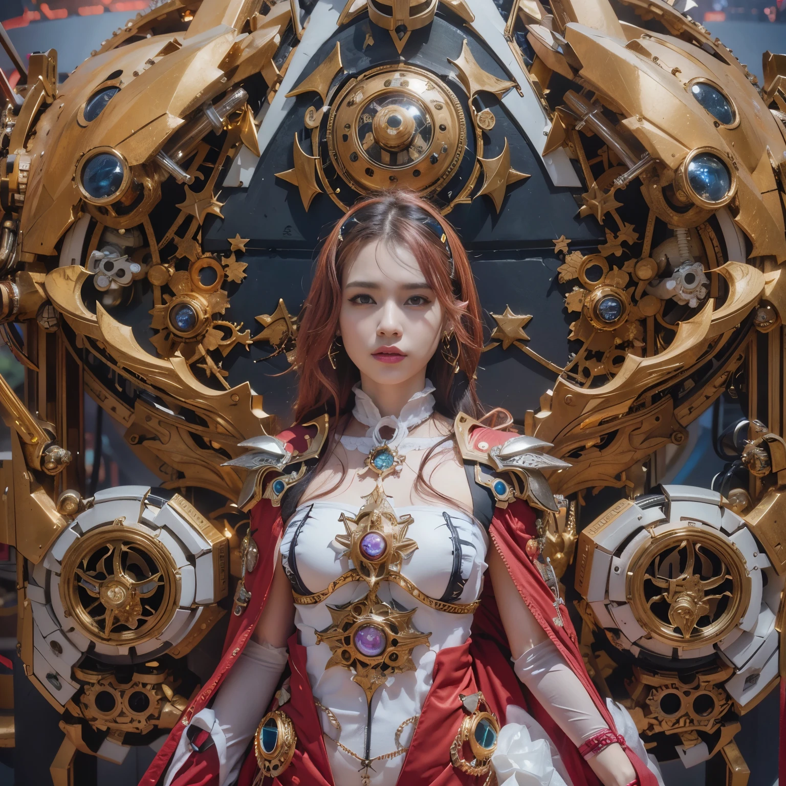 (top-quality:1.2, masterpiece)、ultra high resolution、extremely ultra surrealism, (Photorealsitic:1.4)、Raw photo、(Steampunk Battle Cyborg fallen angel)、large wings made of metal、black porcelain body、red hair、glowy skin、1 Cyborg girl、(mechanical frame:1.3)japanese, extremely cute face, ((super realistic details))、portrait、globalillumination、Shadow、octan render、8K、ultrasharp、character edge light、Details of complex ornaments、Acrylic Clear Cover、Sumerian details、Hydraulic cylinder、Small LED lamp、highly intricate detail、Realistic light、a purple eye、radiant eyes、Facing the camera、neon details、cowboy shot、Futuristic headgear、About Cyberpunk