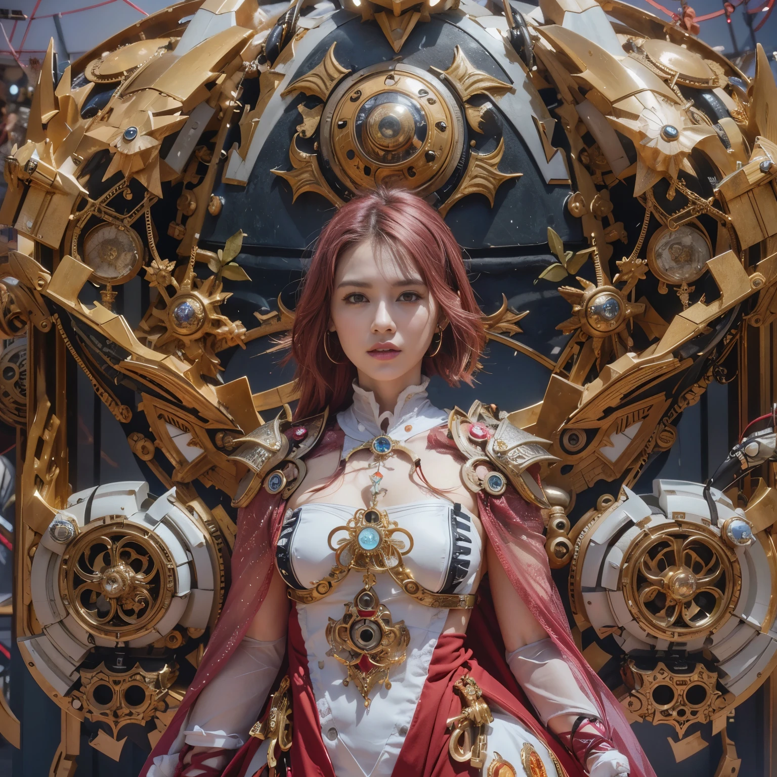 (top-quality:1.2, masterpiece)、ultra high resolution、extremely ultra surrealism, (Photorealsitic:1.4)、Raw photo、(Steampunk Battle Cyborg fallen angel)、large wings made of metal、black porcelain body、red hair、glowy skin、1 Cyborg girl、(mechanical frame:1.3)japanese, extremely cute face, ((super realistic details))、portrait、globalillumination、Shadow、octan render、8K、ultrasharp、character edge light、Details of complex ornaments、Acrylic Clear Cover、Sumerian details、Hydraulic cylinder、Small LED lamp、highly intricate detail、Realistic light、a purple eye、radiant eyes、Facing the camera、neon details、cowboy shot、Futuristic headgear、About Cyberpunk