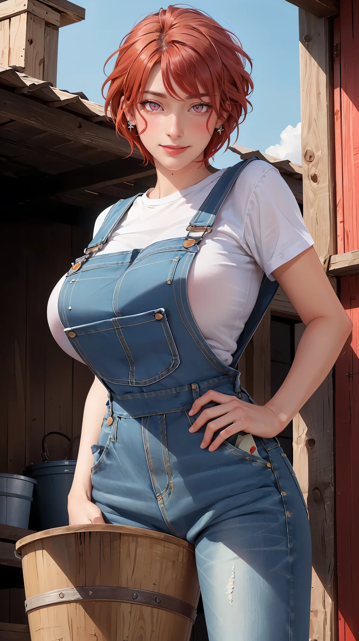 masterpiece, best quality, gscowgirl, huge breasts, cleavage, overalls, white shirt, looking at viewer, farm, leaning forward, from below, close-up, smile, hands to chest(((full body))) , (((sexy pose, model pose, standing pose)))((Huge hips:1.3))(Wet Breasts:1.3)