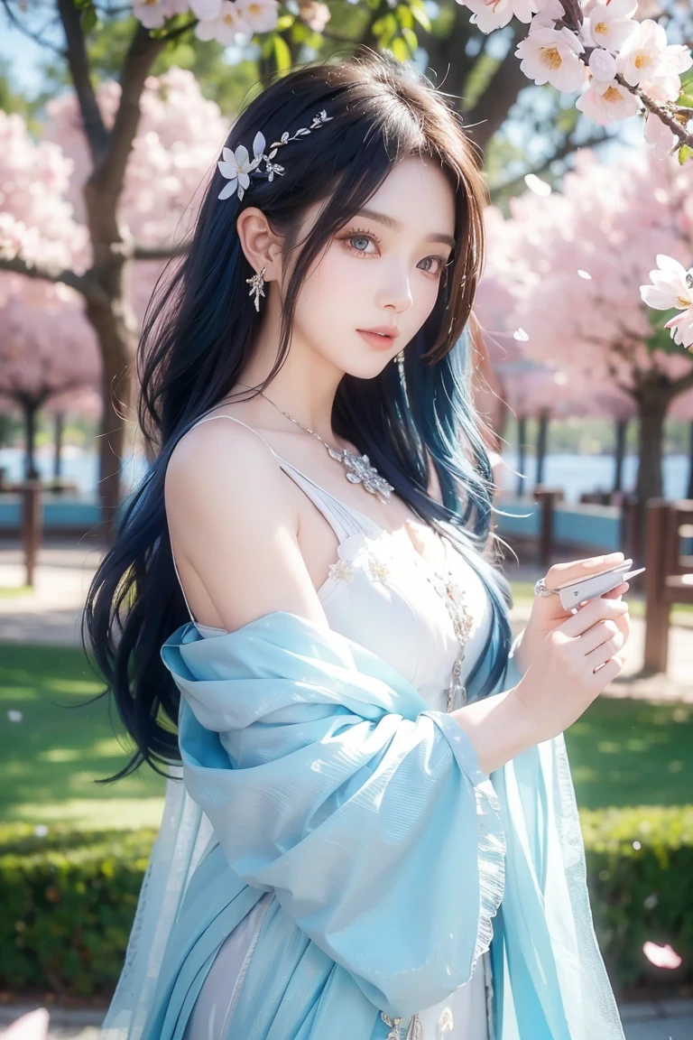 (Cowboy shooting), ((close up)), laila_Genshin, blue hair, long hair, yellow eyes, pointed ears, bare shoulders, blue separate sleeves, Upper body, permanent, (masterpiece, high quality, best quality), (rich and colorful),(Exquisite eyes and face), volumatic Light, Light线追踪, Half-length photo ,Extremely detailed CG unified 8k wallpaper,alone((Flying petals)),(meadow in bloom) Sky, blue Sky, 陽Light明媚, Light, fantasy, windy, magic sgardens, outdoor, garden, trees, flowers, lake