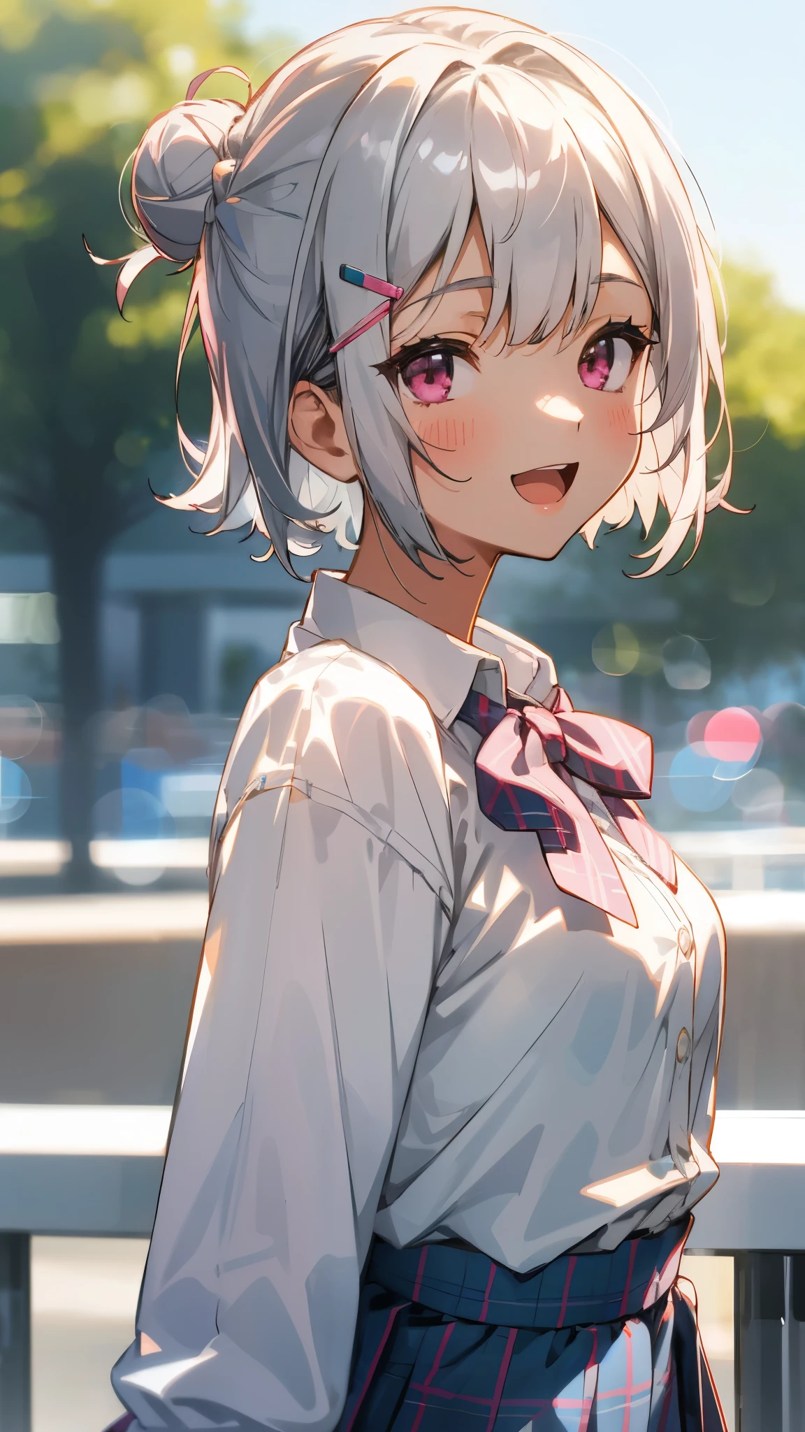 silver short hair and bob hair、I tied my hair in a bun with a hair clip..、pink eyes、white blouse shirt、tartan check skirt、smile、please open your mouth wide、From the side、upper body close-up、sharp outline、Morning Cafe Terrace、background bokeh、written boundary depth