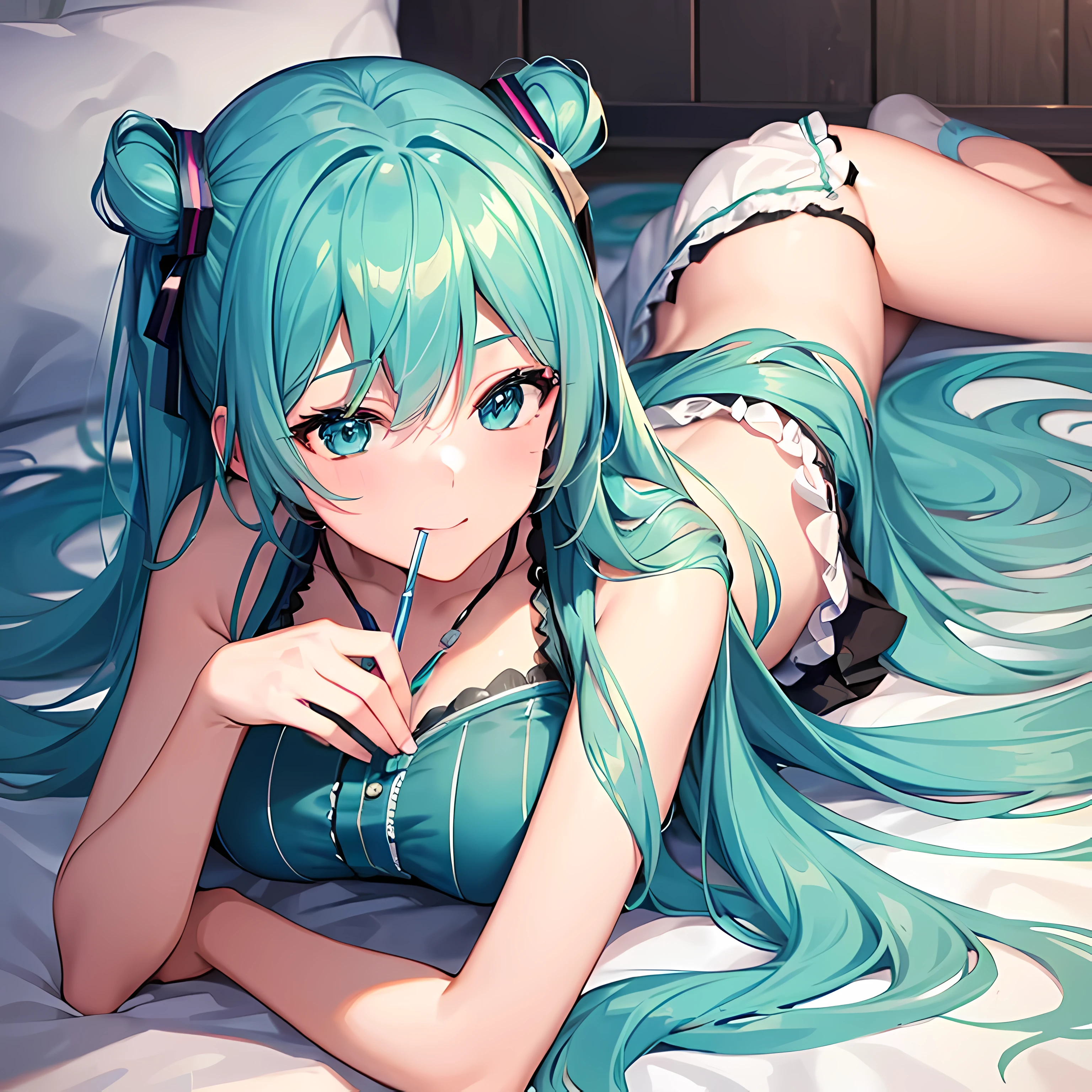 (1 girl),(high quality), (High resolution), (extremely detailed), (8K),(CG), sipping coffee, relax smile, relaxed, laying in bed, home. Hatsune Miku