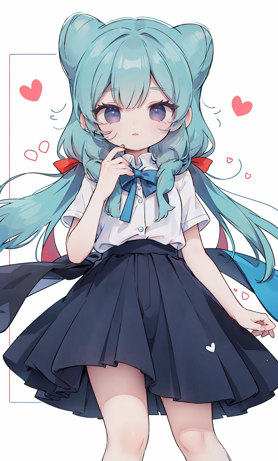 masterpiece, best quality, high resolution, aabeta, double, white simple background, standing, slim waist, cute, sailor uniform, pink bow tie, blue skirt, (PastelColors: 1.3)
