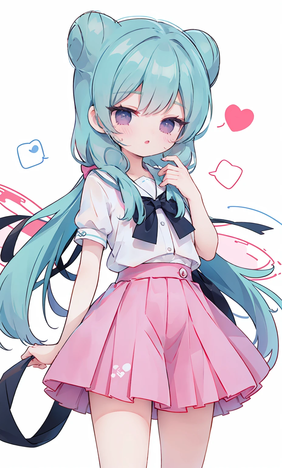 masterpiece, best quality, high resolution, aabeta, double, white simple background, standing, slim waist, cute, sailor uniform, pink bow tie, blue skirt, (PastelColors: 1.3)