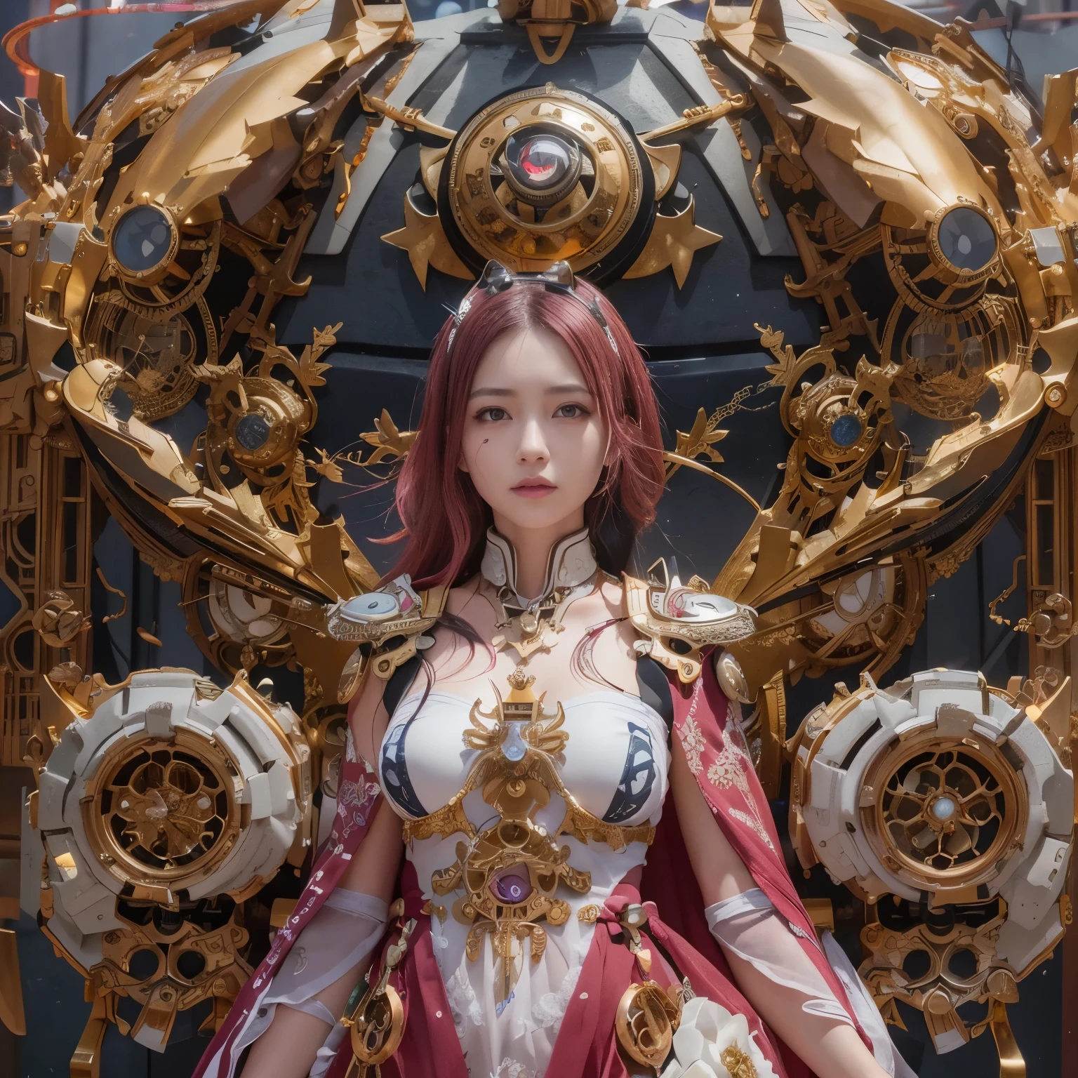 (top-quality:1.2, masterpiece)、ultra high resolution、extremely ultra surrealism, (Photorealsitic:1.4)、Raw photo、(Steampunk Battle Cyborg fallen angel)、large wings made of metal、black porcelain body、red hair、glowy skin、1 Cyborg girl、(mechanical frame:1.3)japanese, extremely cute face, ((super realistic details))、portrait、globalillumination、Shadow、octan render、8K、ultrasharp、character edge light、Details of complex ornaments、Acrylic Clear Cover、Sumerian details、Hydraulic cylinder、Small LED lamp、highly intricate detail、Realistic light、a purple eye、radiant eyes、Facing the camera、neon details、cowboy shot、Futuristic headgear、About Cyberpunk