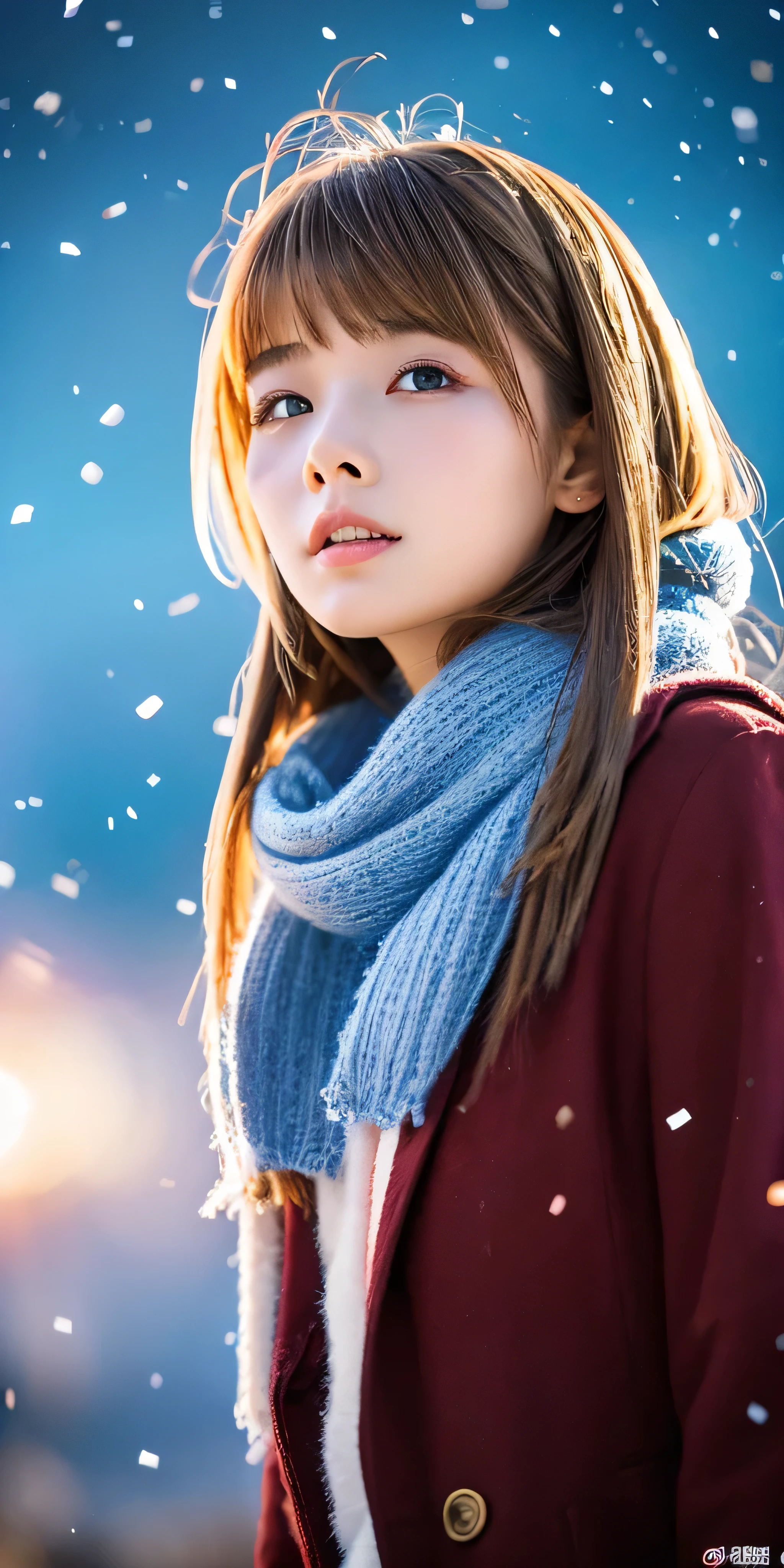 ((hair blowing in the wind、no makeup:1.2))、(realistic、Photoreal、Super detailed、best detailed skins、highest quality、masterpiece、超A high resolution)、cute russian woman、、high school girl、young girl、1 girl、have bangs、ash blonde:1.7、double eyelid、drooling eyes、Japanese style face、purity、realistic skin type、thick muffler、Gray muffler、fluffy hair、((There'hair in scarf:1.3))、red cheeks、The wind is blowing、that'It's snowing、night、illumination、Lighting from behind、hair blowing in the wind、((Stargazing in Antarctica、A world view of the aurora))