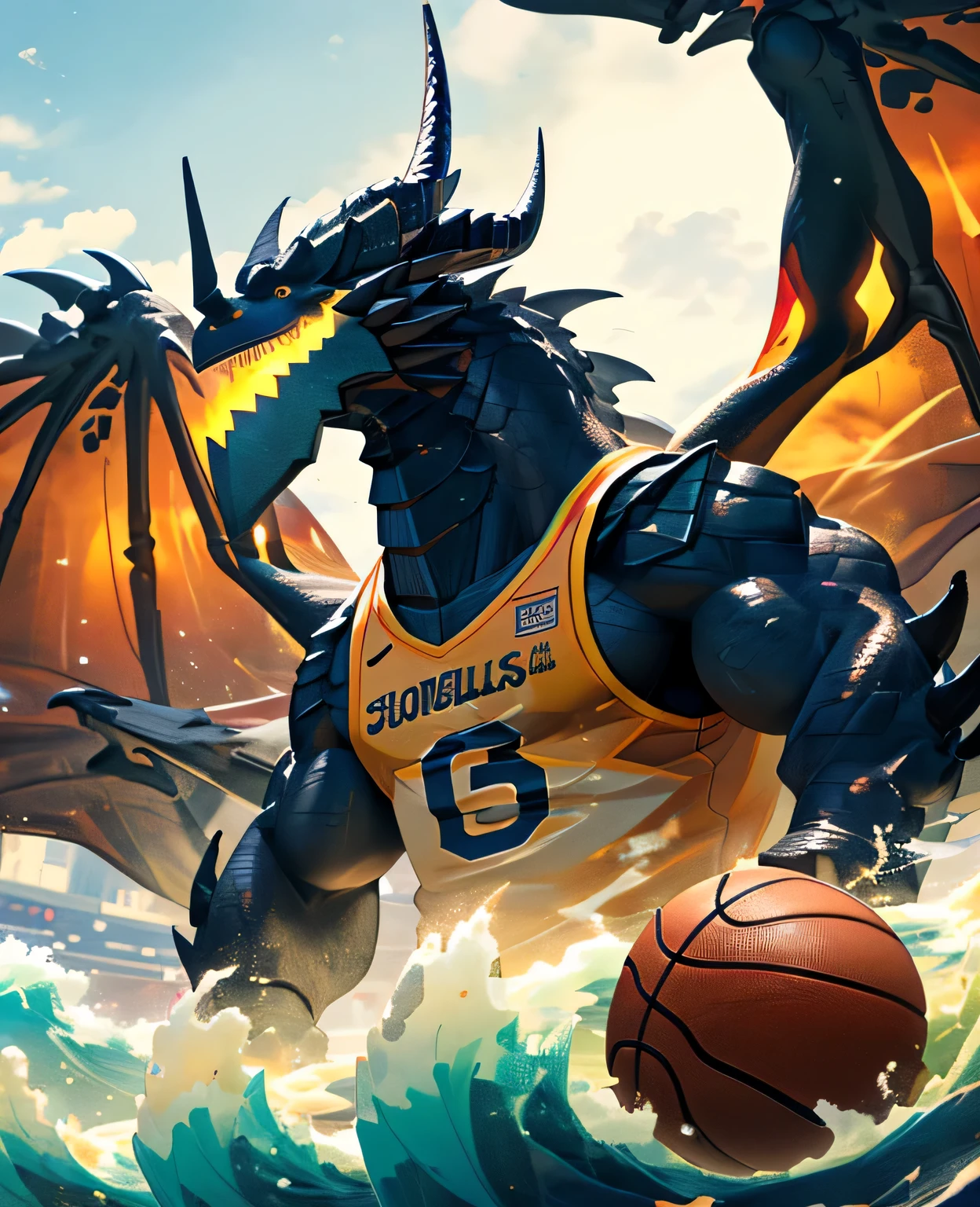 Publaz, (dragon), Two-color, dragon's eyes, (muscular body:1.3), perfect eyes, Handsome, OK,(white basketball jersey), (on the playground),(Express), sports field background,(close up),(happy eyes:1.2),look at screen,(dragon horn),(Dragon tail),different students,A perfect masterpiece,(16K),white belly,alone,((Strong)),(sports field background),(Sweat),Perfect proportion,front,blush,(Wave hello,Watching you:1.5),(Basketball in hand:1.3),(Open your mouth slightly and breathe.:1.2),(close range:1.2),(clothes soaked with Sweat:1,3),Strong,muscle,more details,CG,bi-winged,With wings,HD,detailed,clear,high resolution