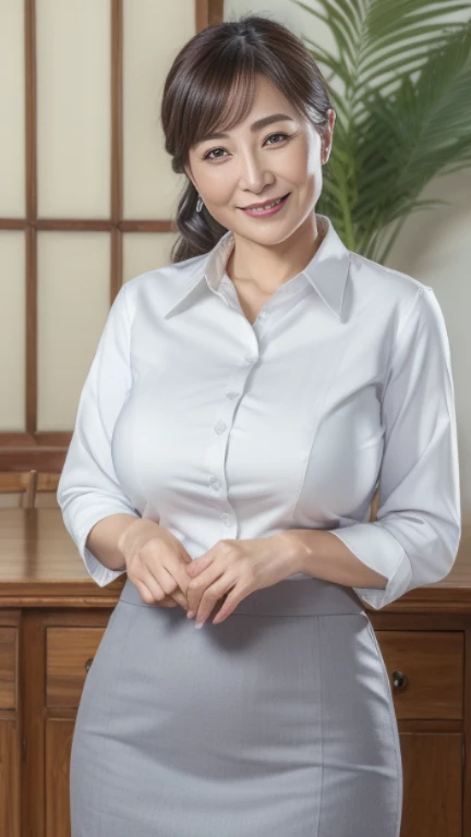 ((highest quality, 8K, masterpiece, photograph: 1.3)),本物のphotograph (looking at the viewer), (close:0.85), attractive business mature woman, 55 years old,, white collared shirt,((big breasts))、((big ass))、 gray skirt, strict, President&#39;s office,　Smile、



