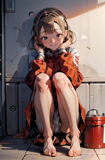 A Female robot is sleeping in bedroom, spread legs, nude, banzai pose. she wears no dress. She Brown short hair is tied with two big red clothespins, She lifts up the under hem of her white plain dress, leaning over, masterpiece, very short pigtails,brown hair, mature, android, blue eyes, full body figure, Height: 160cm, flushed cheeks, 2020s anime picture, A beautiful robot with short brown hair in two short pigtails held up by two very large huge red clothespins, Uplifting, No NSFW, whole body, barefoot, archaic smile, getting orgasm, 25 years old, sweat bucket. 