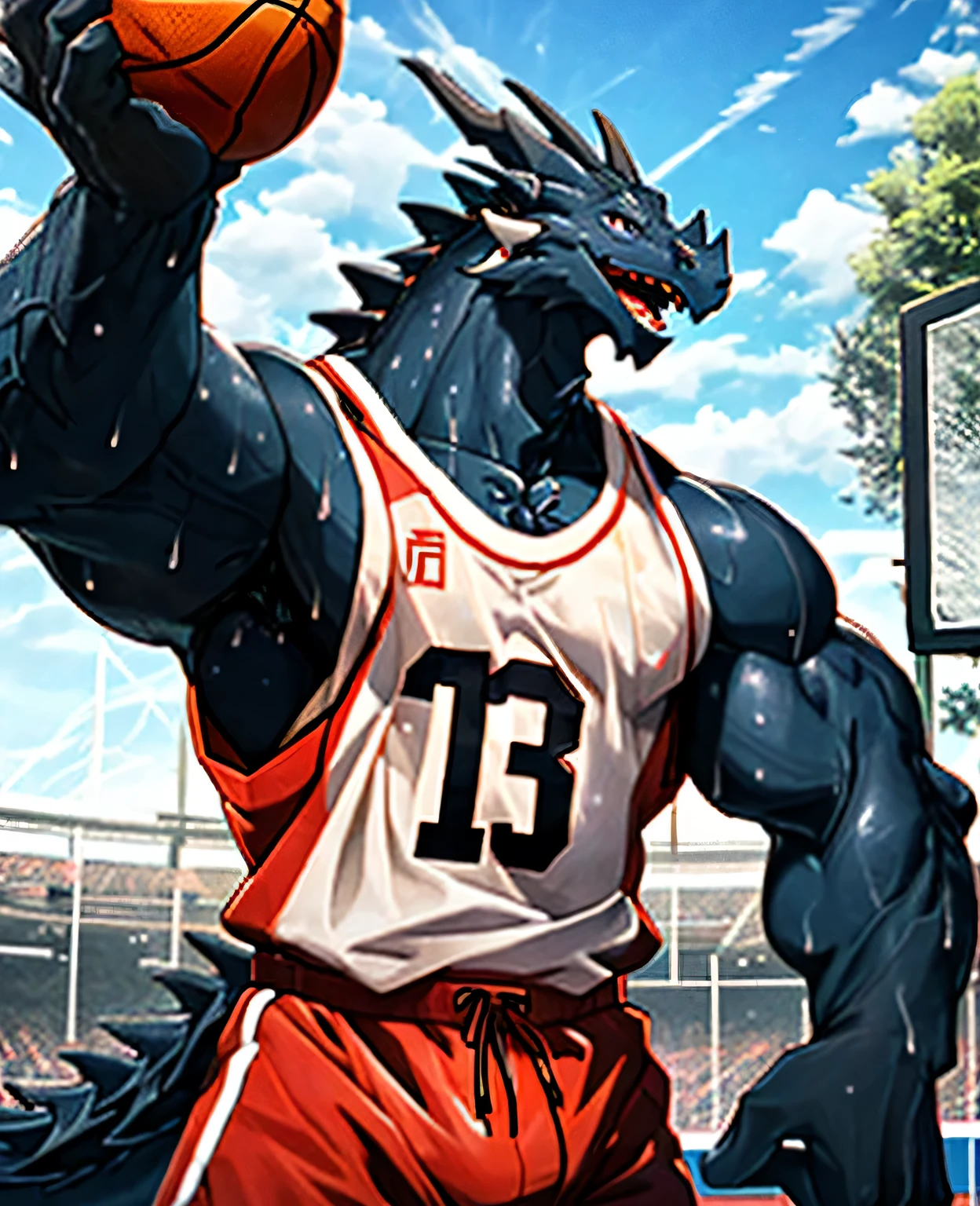 Publaz, (dragon), Two-color, dragon&#39;s eyes, (muscular body:1.3), perfect eyes, Handsome, OK,(white basketball jersey), (on the playground),(Express), sports field background,(close up),(happy eyes:1.2),look at screen,(dragon horn),(Dragon tail),different students,A perfect masterpiece,(16K),white belly,alone,((Strong)),(sports field background),(Sweat),Perfect proportion,front,blush,(Wave hello，Watching you:1.5),(Basketball in hand:1.3),(Open your mouth slightly and breathe.:1.2),(close range:1.2),(clothes soaked with Sweat:1,3),Strong,muscle,more details,CG,bi-winged，With wings，HD，detailed，clear，high resolution