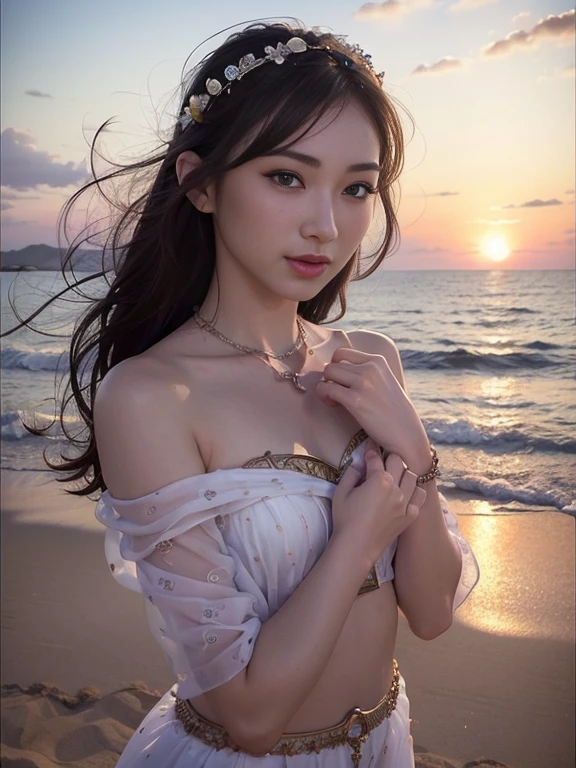 (best quality:1.1) ,(photorealistic:1.1), (photography:1.1), (highly detailed:1.1), looking at viewer,armlet, Jade bracelet, eyelashes, happy, small breasts,beautiful detailed girl, (extremely detailed eyes and face), (lighting on face),necklace,Colorful clothes, [chinese clothes],[off shoulder], (solo:1.2), sandbeach,sand,Standing by the seaside, summer, (beautiful detailed sky),seethru,