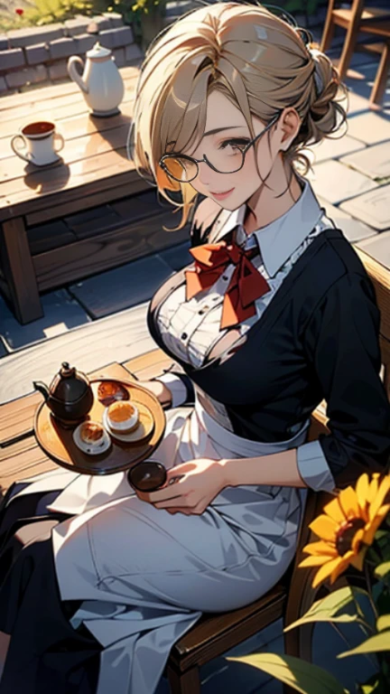 (best quality, masterpiece), (ultra high resolution, 8K RAW photo, photo realistics:1.5, textile shading, thin outline, clear focus:1.2), Beautuful Matured woman preparing tea-time in the garden, standing by the round table, (tea set, tea pot, tea cups, some cakes on dish), classy art deco style table, wearing light_brown maid uniform, breast cleavage, maid costume:1.2, long flare skirts, apron, bow ties on thechest, long tall sally, long legs, long white hair, (wearing thin-flame glasses:1.2), (milf:1.5, 28 years old, solo), (large breast, sagging breast, big tits, narrow waist), (medium short white hair, hair over one eye, (updo hair:1.2), side lock, asymmetric hair, wavy hair), (bright pupils, detailed eyes, high detailed face, Perfect face shape, eye rush), (seductitve smiling, half-closing eyes), (looking at viewers:1.3), (dynamic angle, full body, from above:1.2), ((correct anatomy:1.5, correct hands)), (ideal ratio of body proportions), (outdoor:1.2, grass field), 