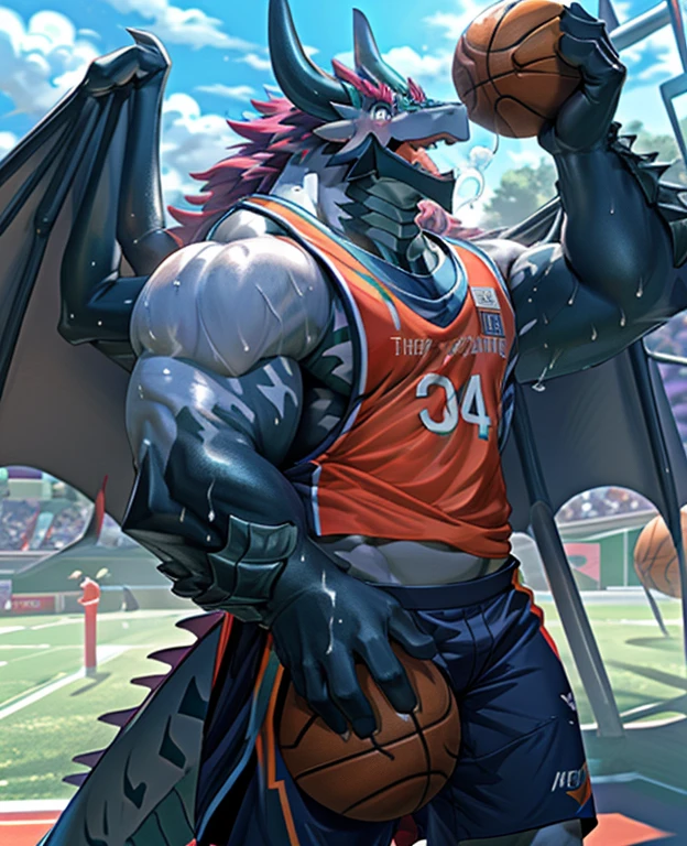 Publaz, (dragon), Two-color, dragon的眼睛, (muscle发达的身体:1.3), perfect eyes, Handsome, OK,(white basketball jersey), (on the playground),(Express), sports field background,(close up),(happy eyes:1.2),look at screen,(dragon角),(Dragon tail),different students,A perfect masterpiece,(16K),white belly,alone,((Strong)),(sports field background),(Sweat),Perfect proportion,front,blush,(Wave hello，Watching you:1.5),(Basketball in hand:1.3),(Open your mouth slightly and breathe.:1.2),(close range:1.2),(clothes soaked with Sweat:1,3),Strong,muscle,more details,CG,bi-winged，With wings，HD，detailed，clear，high resolution