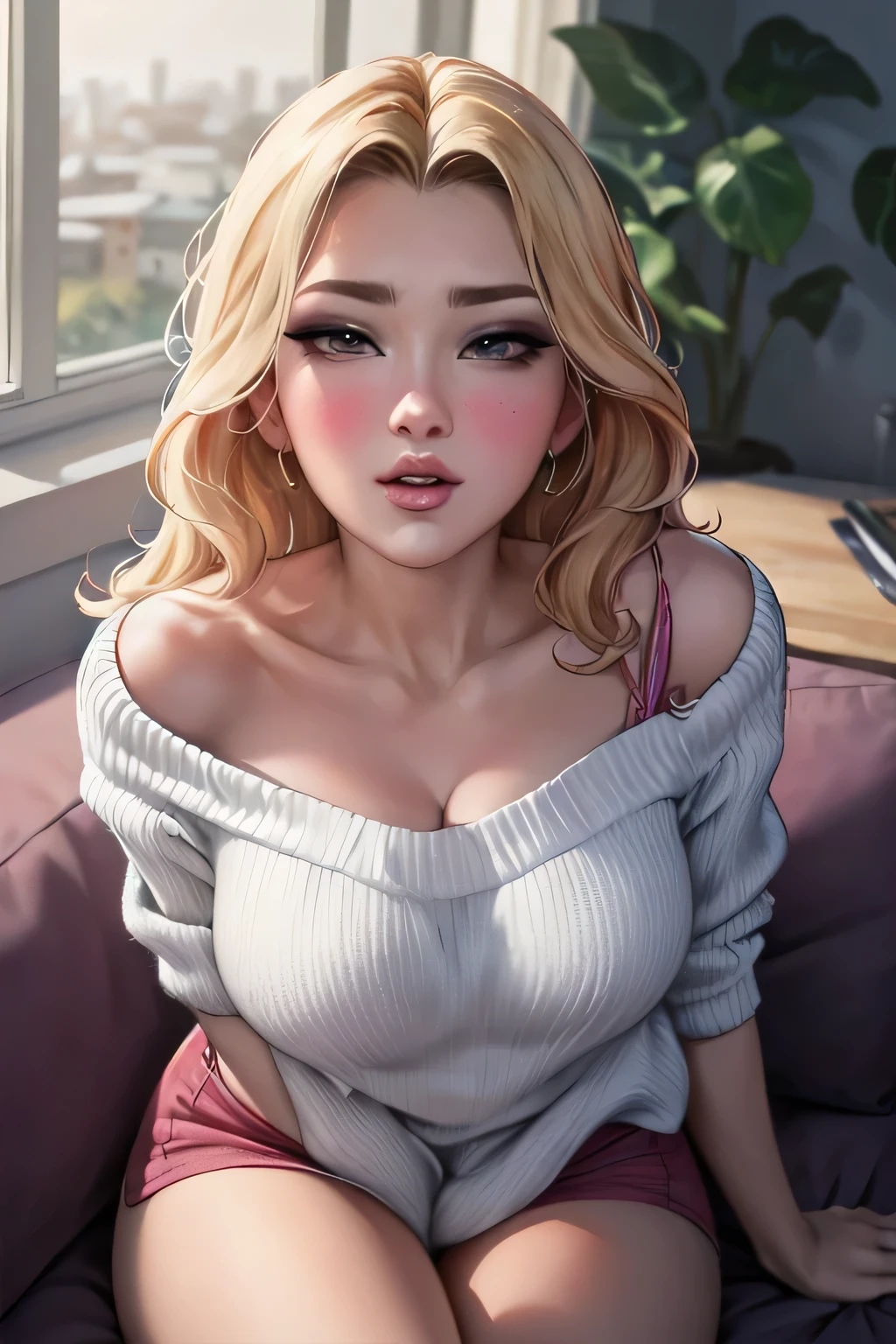 Sexy woman, perfect hair, amazing makeup, seductive gaze, blushing intensely, ready to kiss, long oversized sweater, sitting comfortably on couch, window, natural light beaming through window, beautiful face, seductively gazing at us, very seductively provocative