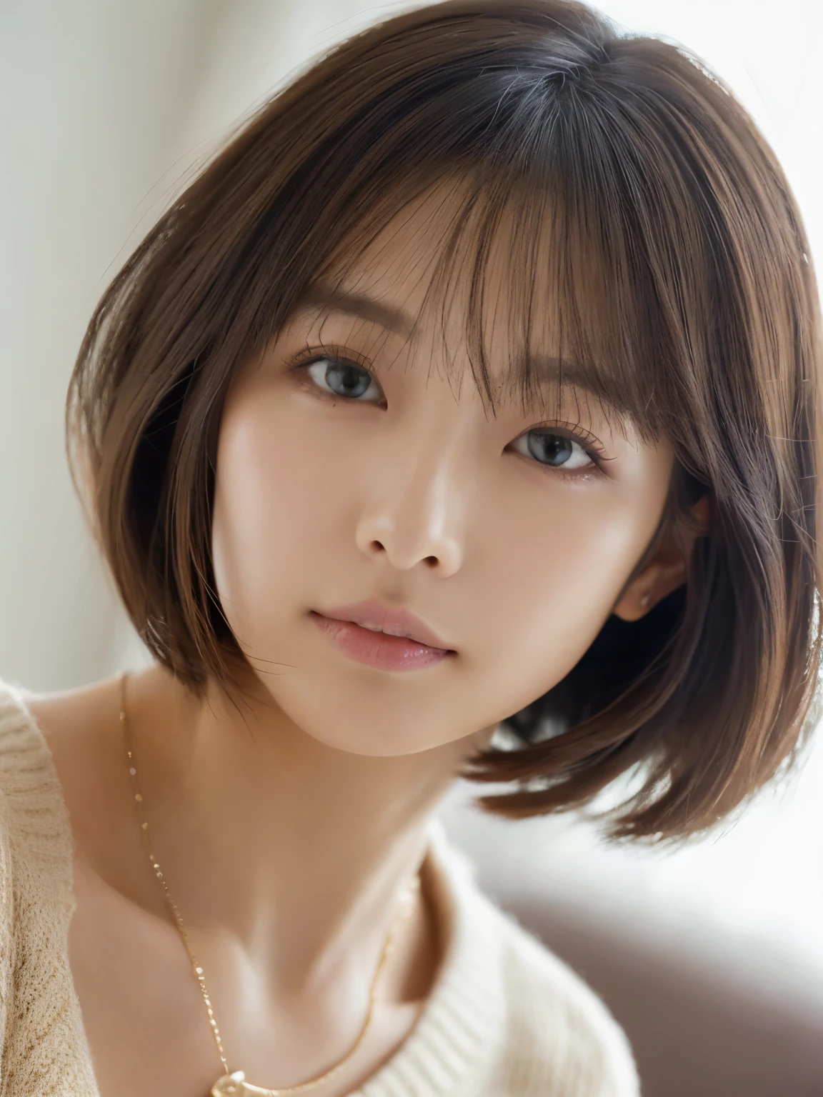 ((table top,highest quality)), (photo-realistic:1.4),((table top,8K))、((close up of face:1.6))、white wall、(white room)、((full body photo))、Photographed in natural light、Highly detailed face and skin texture、highly detailed lips、correct state of the human body、ultra high resolution、(Photoreal:1.4)、highest quality, 1 beautiful woman, 38 years old, s, 150mm lens、light yellow knit、(dark brown medium short hair)、japanese woman、(dark brown hair)、Various poses、look at the camera、natural color lip、In underwear、 necklace、indoor