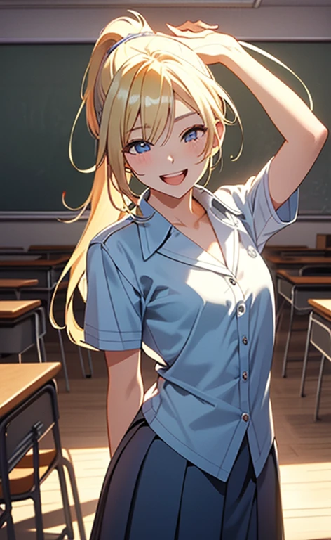 (realistic:1.4、masterpiece、top-quality、8k size wallpaper、offcial art)、(character focus、,cowboy shot:1.6)、(1girl),(seductive smile,Open mouth:1.3),(half closed eyes),cute face,blue eyes、(arms behind back:1.3)、
,(stand),(Shining smile),
,(slender),(school uniform),(ponytail、long fluorescence blonde hair1.3), (small breasts)、
、fluorescence、classroom,JK、