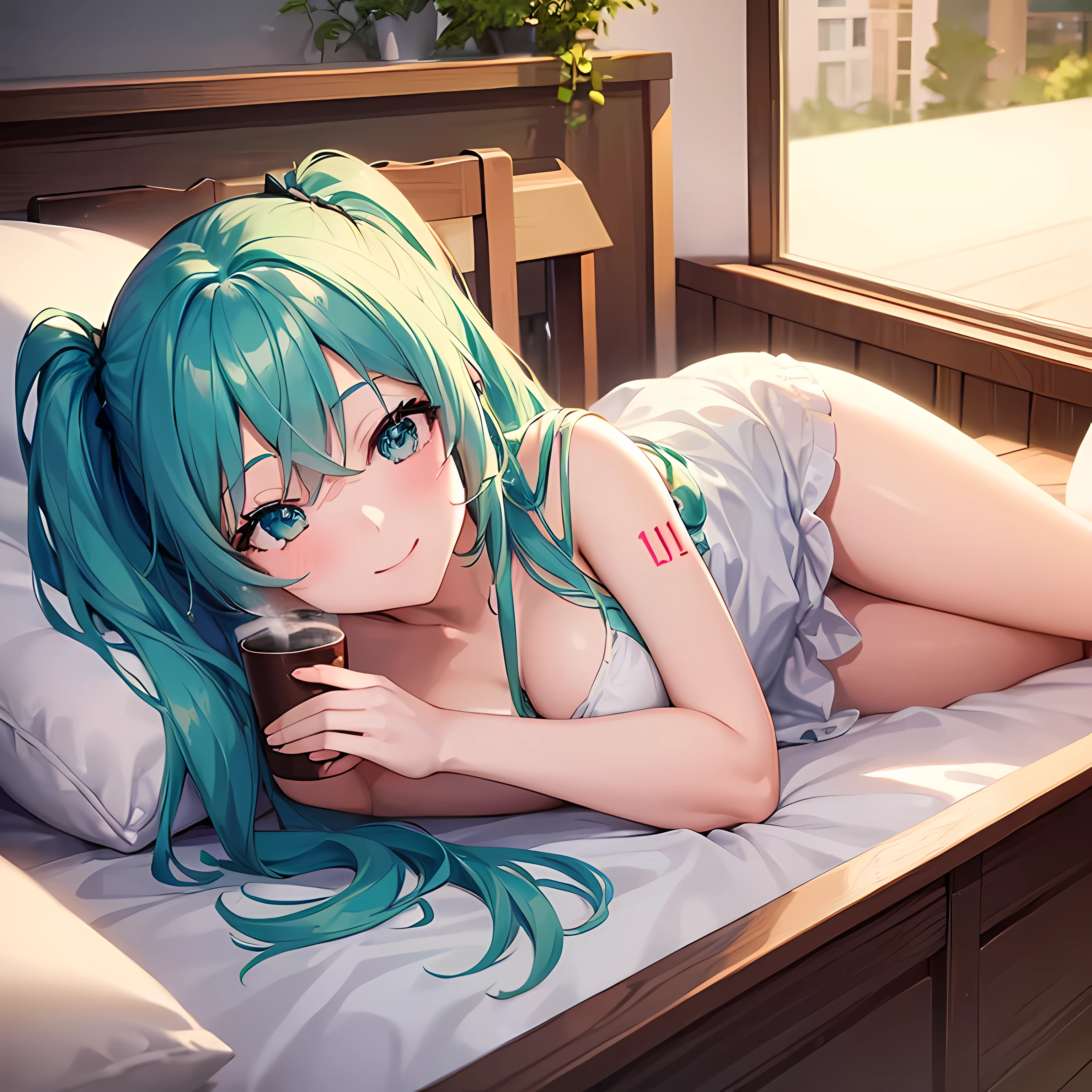 (1 girl),(high quality), (High resolution), (extremely detailed), (8K),(CG), sipping coffee, relax smile, relaxed, laying in bed, home. Hatsune Miku