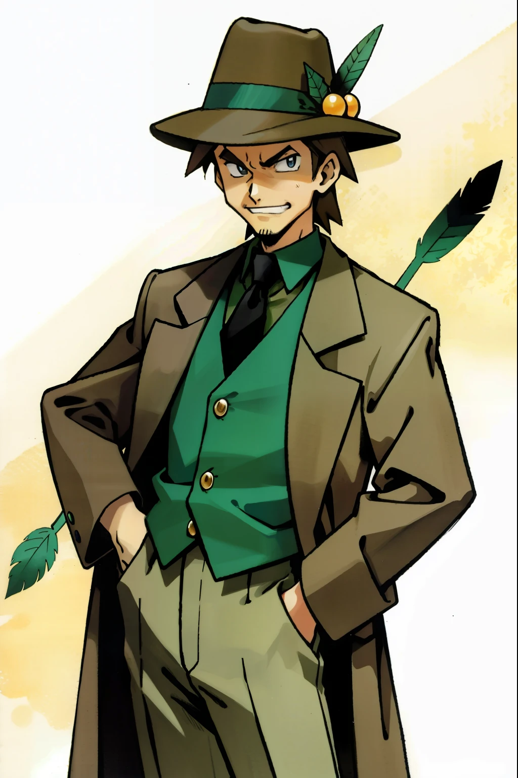 by Ken Sugimori, sugimori 1990s, ((only 1man)), green vest, tan shirt, long tan coat, fedora with feather, smirking ((hands behind their back)), full black pupils, manga, best quality, highly detailed, clean lines, cowboy shot, good hands, good eyes, hd, 8k, professional, symmetrical, hires, 8k,