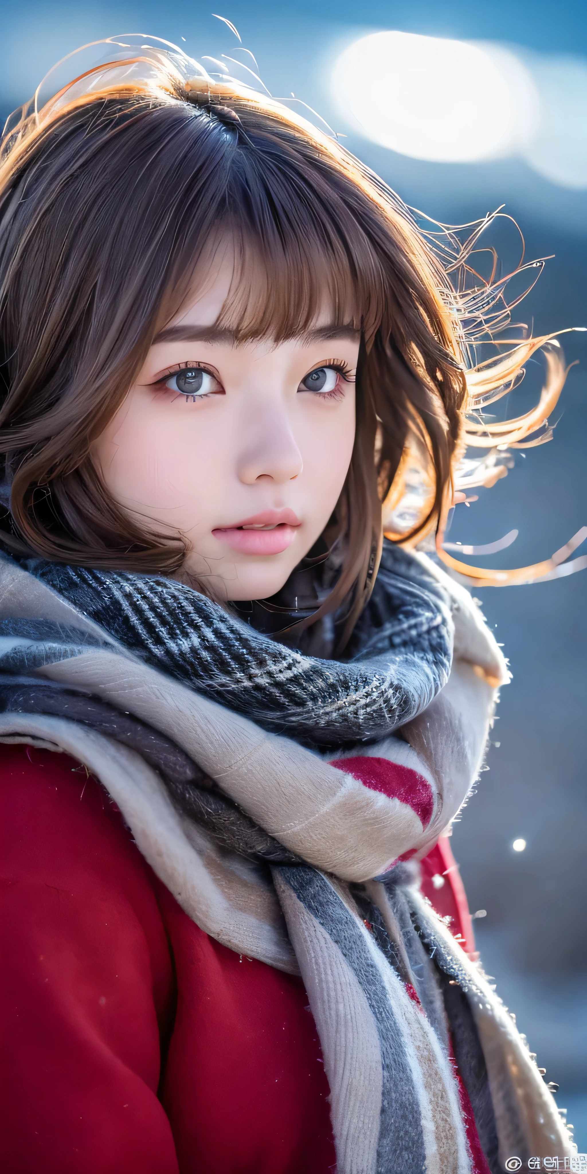 ((hair blowing in the wind、no makeup:1.2))、(realistic、Photoreal、Super detailed、best detailed skins、highest quality、masterpiece、超A high resolution)、cute russian woman、14 years、high school girl、young girl、1 girl、have bangs、ash blonde:1.7、double eyelid、drooling eyes、Japanese style face、purity、realistic skin type、thick muffler、Gray muffler、fluffy hair、((There&#39;hair in scarf:1.3))、red cheeks、The wind is blowing、that&#39;It&#39;s snowing、night、illumination、Lighting from behind、hair blowing in the wind、((Stargazing in Antarctica、A world view of the aurora))