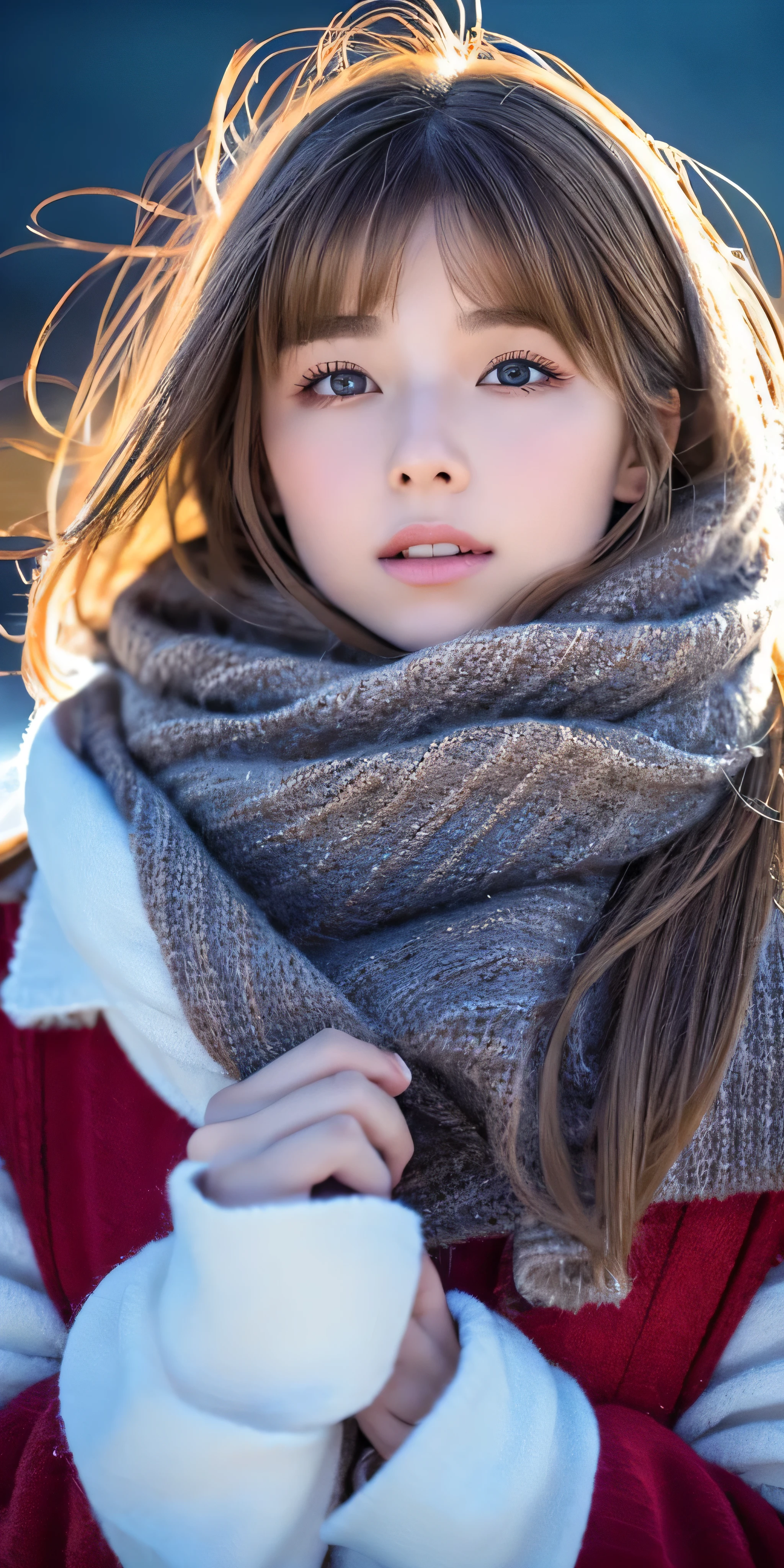 ((hair blowing in the wind、no makeup:1.2))、(realistic、Photoreal、Super detailed、best detailed skins、highest quality、masterpiece、超A high resolution)、cute russian woman、、high school girl、young girl、1 girl、have bangs、ash blonde:1.7、double eyelid、drooling eyes、Japanese style face、purity、realistic skin type、thick muffler、Gray muffler、fluffy hair、((There&#39;hair in scarf:1.3))、red cheeks、The wind is blowing、that&#39;It&#39;s snowing、night、illumination、Lighting from behind、hair blowing in the wind、((Stargazing in Antarctica、A world view of the aurora))