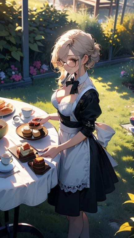 (best quality, masterpiece), (ultra high resolution, 8K RAW photo, photo realistics:1.5, textile shading, thin outline, clear focus:1.2), Beautuful Matured woman preparing tea-time in the garden, standing by the round table, (tea set, tea pot, tea cups, some cakes on dish), classy art deco style table, wearing light_brown maid uniform, breast cleavage, maid costume:1.2, long flare skirts, apron, bow ties on thechest, long tall sally, long legs, long white hair, (wearing thin-flame glasses:1.2), (milf:1.5, 28 years old, solo), (large breast, sagging breast, big tits, narrow waist), (medium short white hair, hair over one eye, (updo hair:1.2), side lock, asymmetric hair, wavy hair), (bright pupils, detailed eyes, high detailed face, Perfect face shape, eye rush), (seductitve smiling, half-closing eyes), (looking at viewers:1.3), (dynamic angle, full body, from above:1.2), ((correct anatomy:1.5, correct hands)), (ideal ratio of body proportions), (outdoor:1.2, grass field),