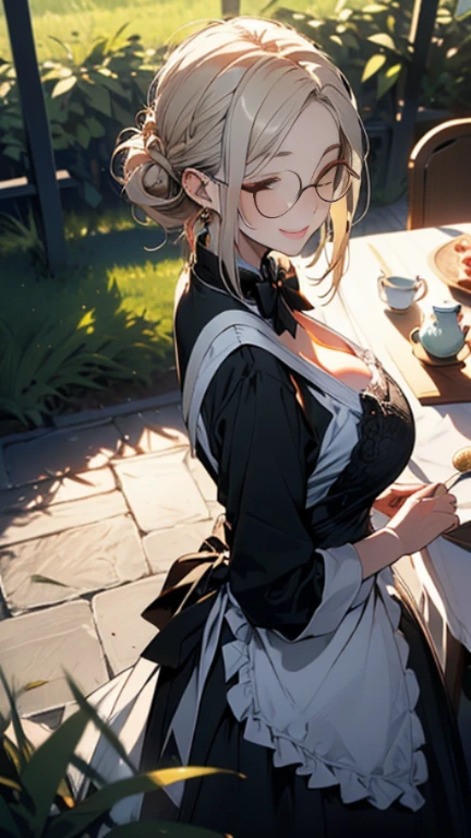 (best quality, masterpiece), (ultra high resolution, 8K RAW photo, photo realistics:1.5, textile shading, thin outline, clear focus:1.2), Beautuful Matured woman preparing an afternoon_tea_party in the garden, standing by the round table, (meisen's tea set, tea pot, tea cups, some cakes on dish), delicate and classy rococo style white table, wearing light_brown maid uniform, breast cleavage, maid costume:1.2, long flare skirts, apron, bow ties on the chest, long tall sally, long legs, white hair, (wearing thin-flame glasses:1.2), (milf:1.5, 28 years old, solo), (large breast, sagging breast, big tits, narrow waist), (medium short white hair, hair over one eye, (updo hair:1.2), side lock, asymmetric hair, wavy hair), (bright pupils, detailed eyes, high detailed face, Perfect face shape, eye rush), (seductitve smiling, half-closing eyes), (looking at viewers:1.3), (dynamic angle, full body, from above:1.2), ((correct anatomy:1.5, correct hands)), (ideal ratio of body proportions), (outdoor:1.2, grass field), 