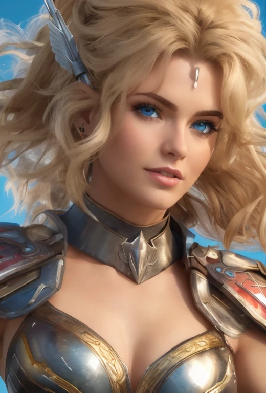 belligerent girl, Valkyrie, bold and beautiful, Short blond hair, Blue eyes, smile, Predator's Gaze, Developing hair, A look over the shoulder, Sparkling steel, Bow and arrows, weapon, heat of battle, battle, Clouds, realistic photo, high quality, masterpiece, detailed study.