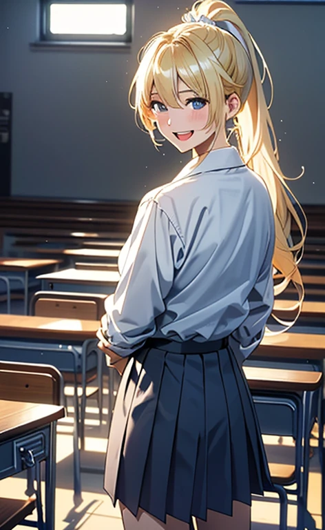(realistic:1.4、​masterpiece、top-quality、8k size wallpaper、offcial art)、(character focus、,cowboy shot:1.6)、(1girl),(seductive smile,Open mouth:1.3),(half closed eyes),cute face,blue eyes、(arms behind back:1.3)、
,(stand),(Shining smile),
,(slender),(school uniform),(ponytail、long fluorescence blonde hair1.3), (small breasts)、
、fluorescence、classroom,JK、