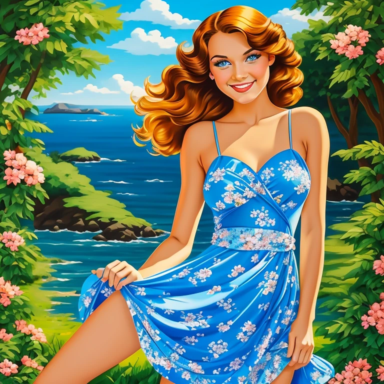 1girl, one single girl, alone.  A sensual Rachel Cook, walking toward the camera,  ((view from front)), (((wearing a loose fitting blue floral sun-dress))),  skirtlift to show tiny white panties.  ((Tiny white panties))  Mischievous smile.  (((Bright blue eyes))).  Full body portrait, pin-up painting from the '50s, in the art style of Alberto Vargas, Baron Von Lind, award-winning, masterpiece  